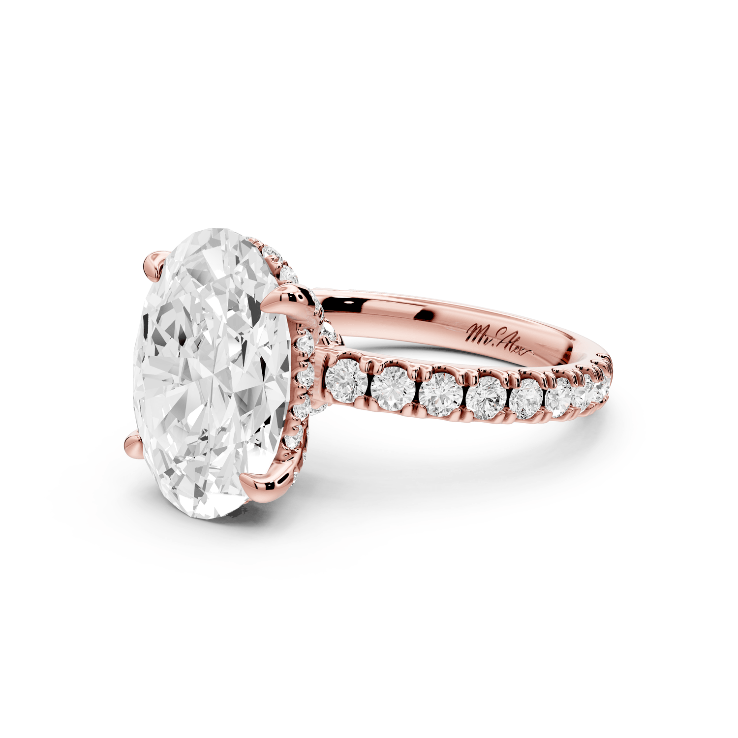 Jade - 4ct 18k rose gold oval hidden halo diamond crown and bridge pavé engagamnet ring - Mr. Alex Jewelry
