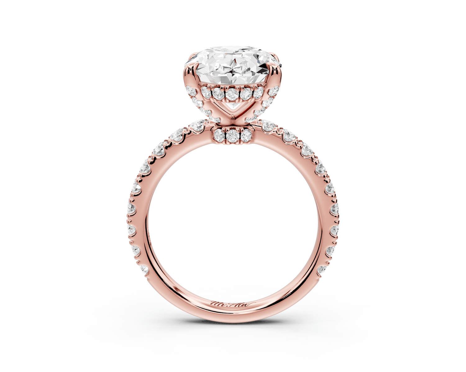 Jade - 4ct 18k rose gold oval hidden halo diamond crown and bridge pavé engagamnet ring - Mr. Alex Jewelry