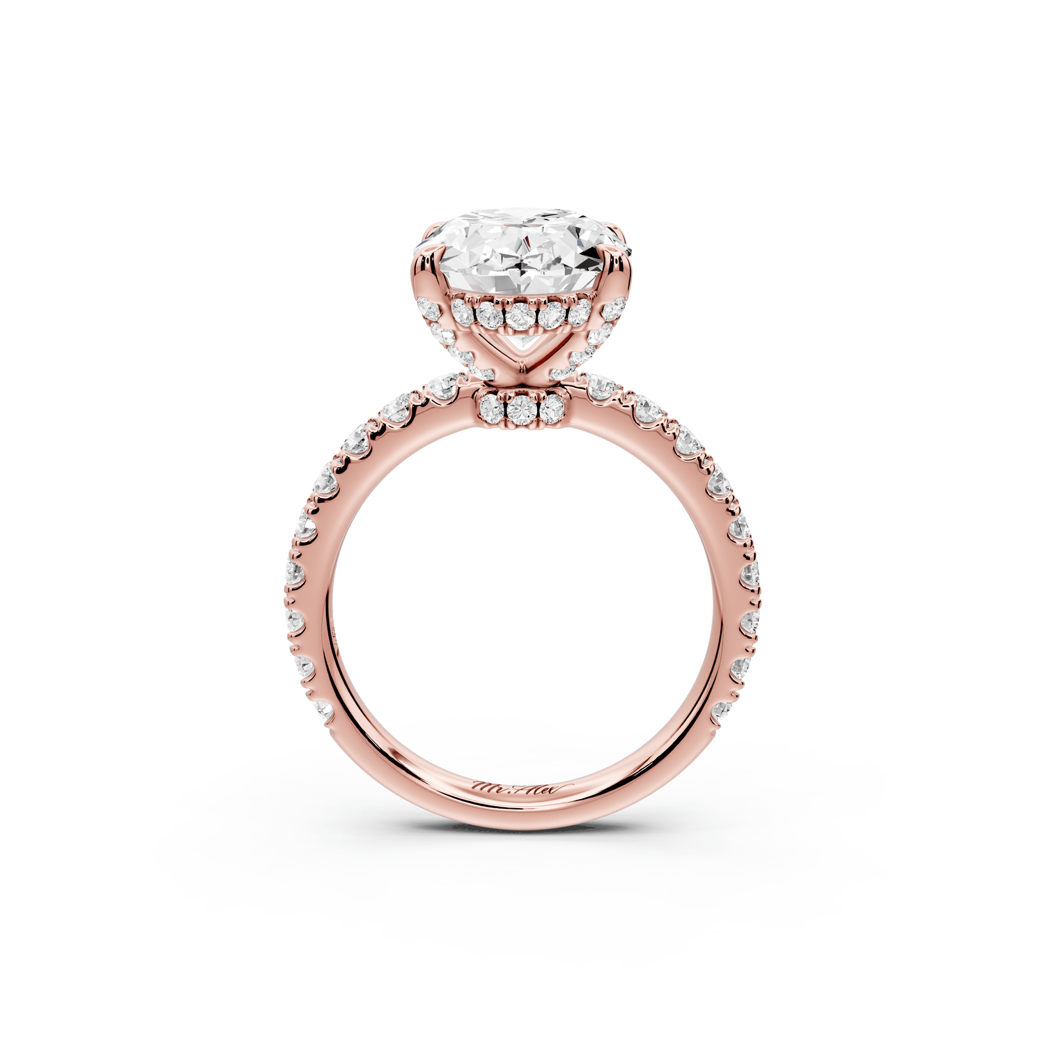 Jade - 4ct 18k rose gold oval hidden halo diamond crown and bridge pavé engagamnet ring - Mr. Alex Jewelry