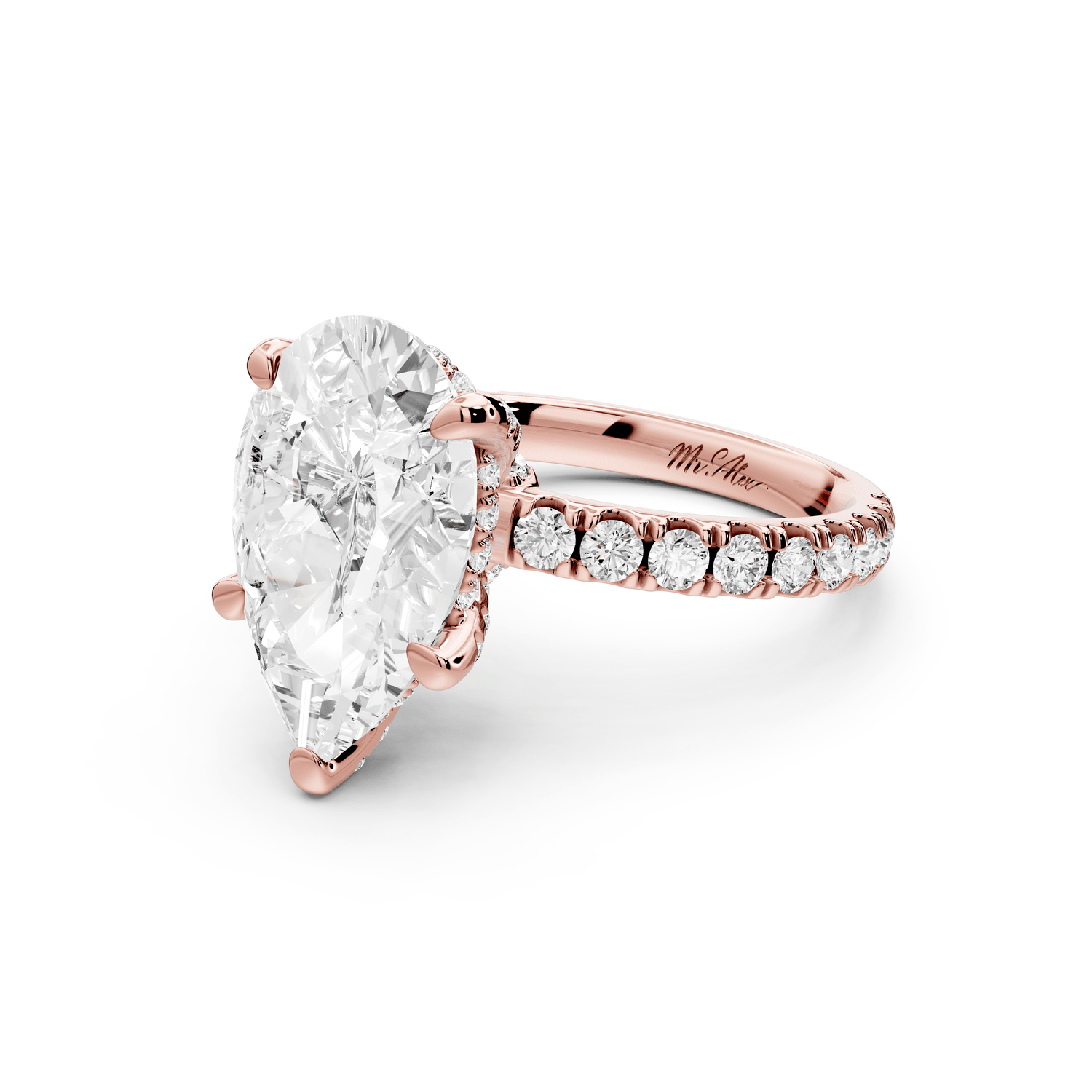 Jade - 4ct 18k rose gold pear hidden halo diamond crown and bridge pavé engagamnet ring - Mr. Alex Jewelry