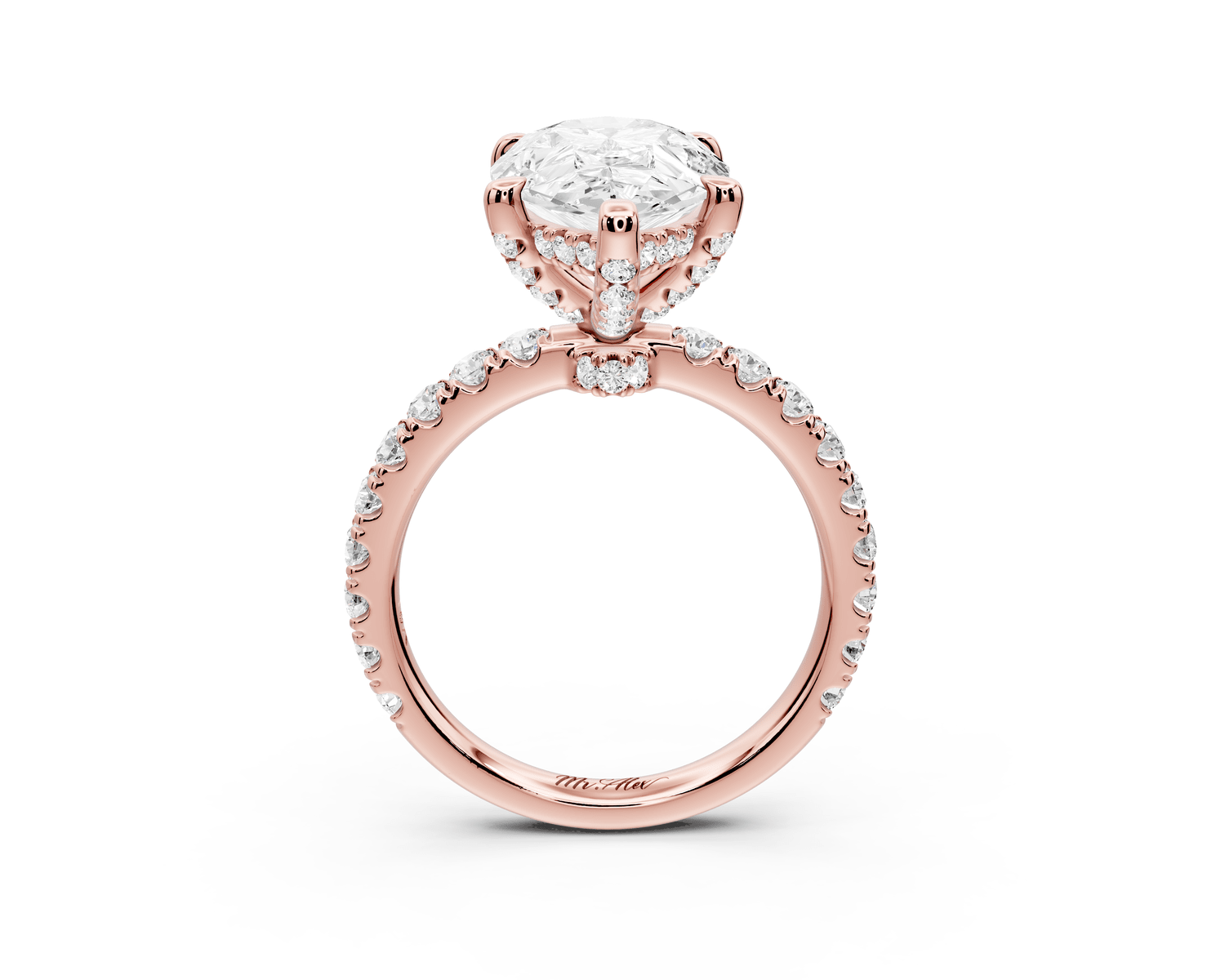 Jade - 4ct 18k rose gold pear hidden halo diamond crown and bridge pavé engagamnet ring - Mr. Alex Jewelry