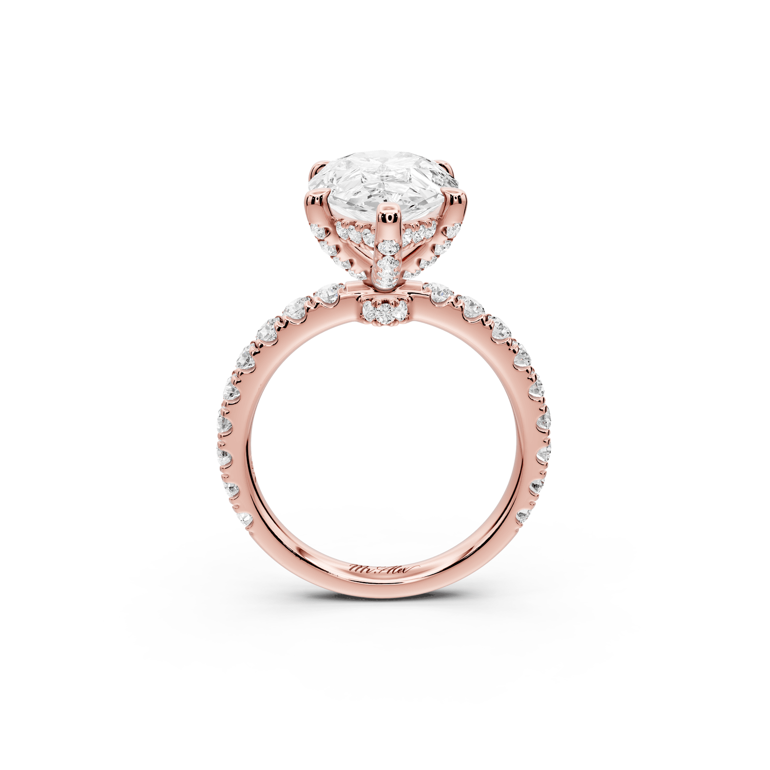 Jade - 4ct 18k rose gold pear hidden halo diamond crown and bridge pavé engagamnet ring - Mr. Alex Jewelry