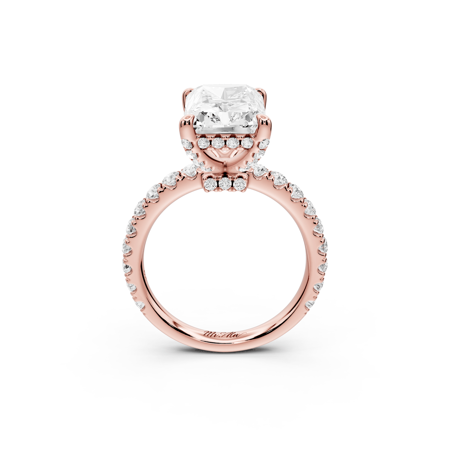 Jade - 4ct 18k rose gold radiant hidden halo diamond crown and bridge pavé engagement ring - Mr. Alex Jewelry