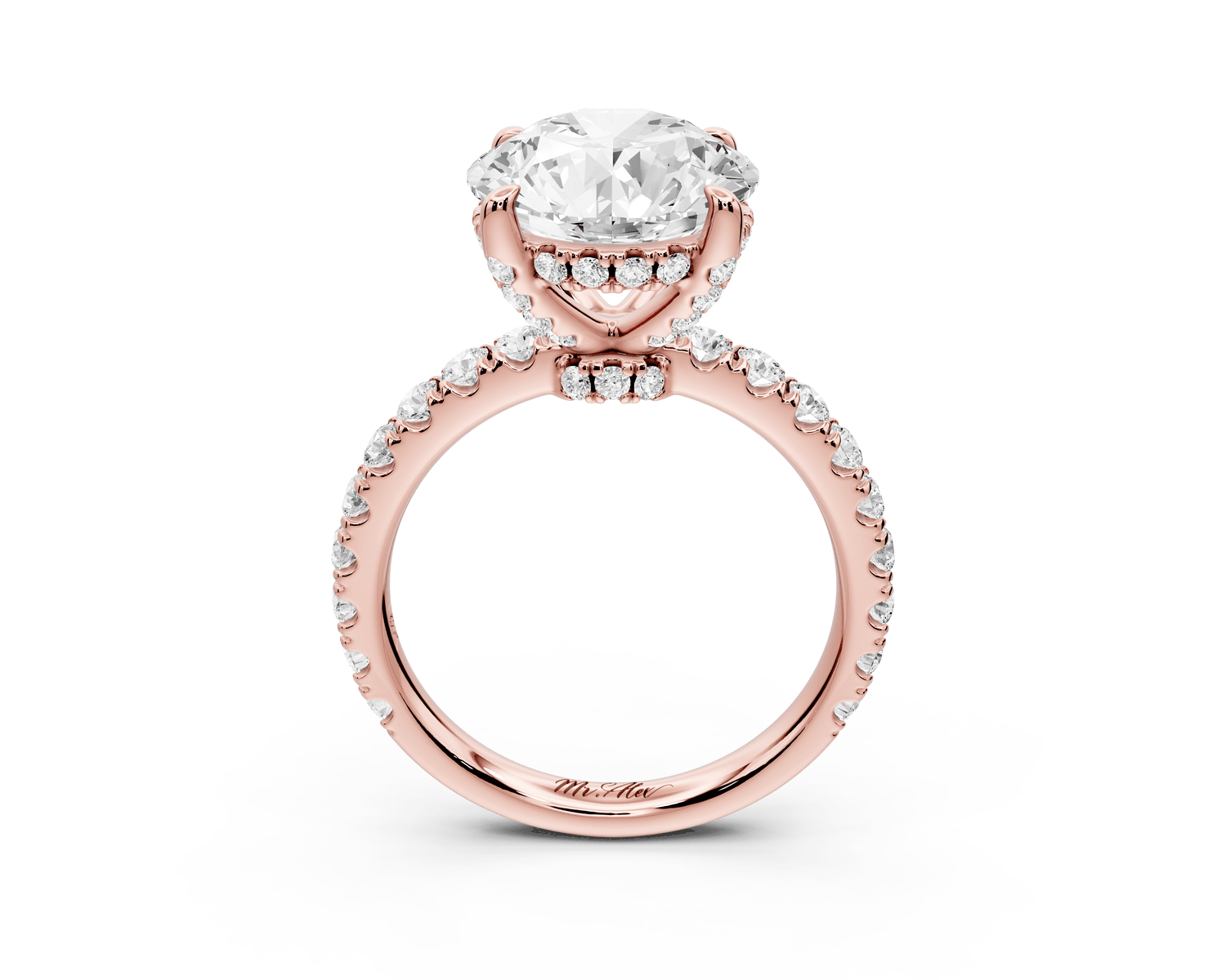 Jade - 4ct 18k rose gold round hidden halo diamond crown and bridge pavé engagamnet ring - Mr. Alex Jewelry