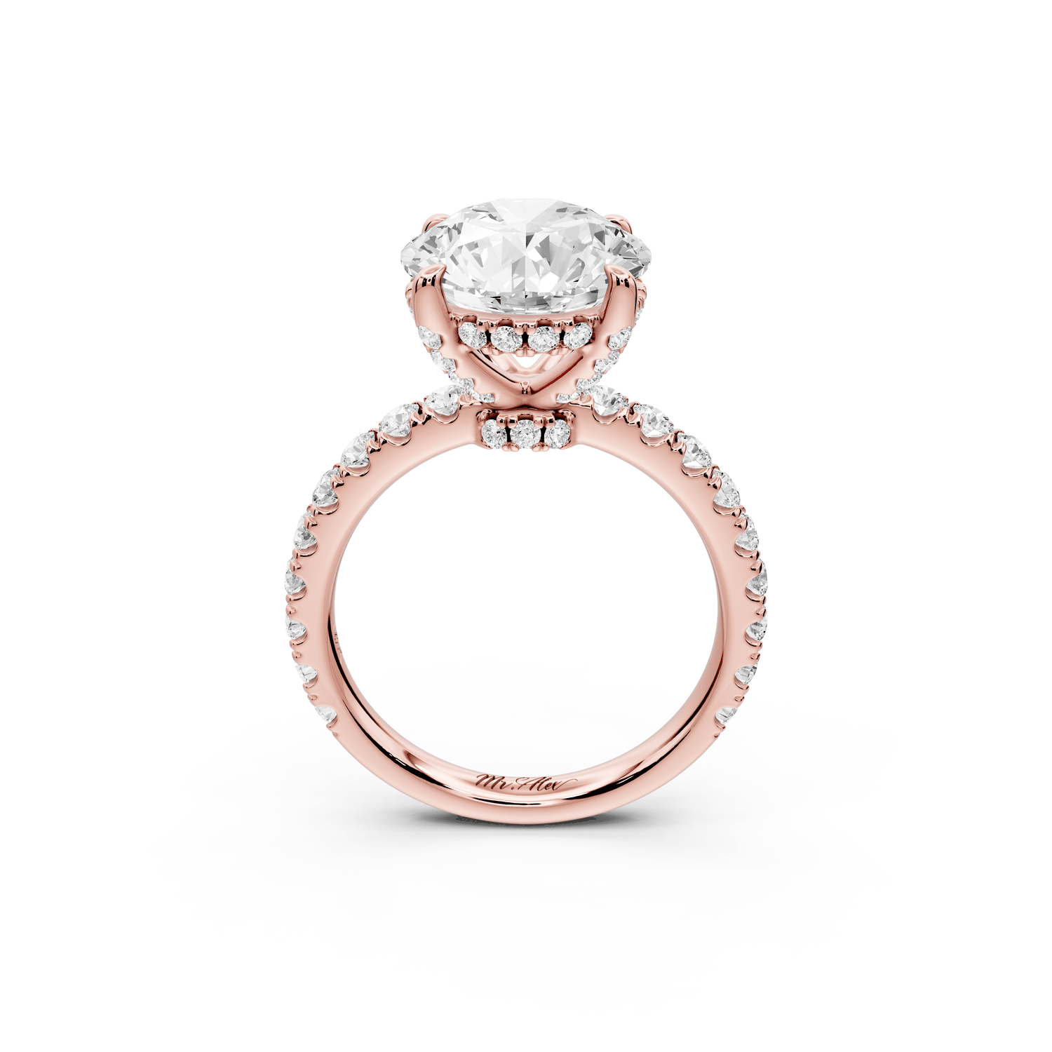 Jade - 4ct 18k rose gold round hidden halo diamond crown and bridge pavé engagamnet ring - Mr. Alex Jewelry
