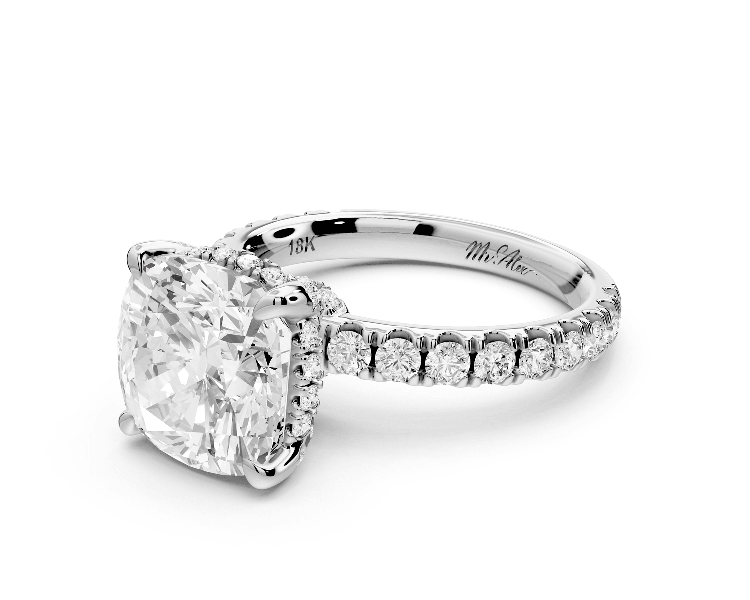 Jade - 4ct 18k white gold cushion hidden halo diamond crown and bridge pavé engagement ring - Mr. Alex Jewelry