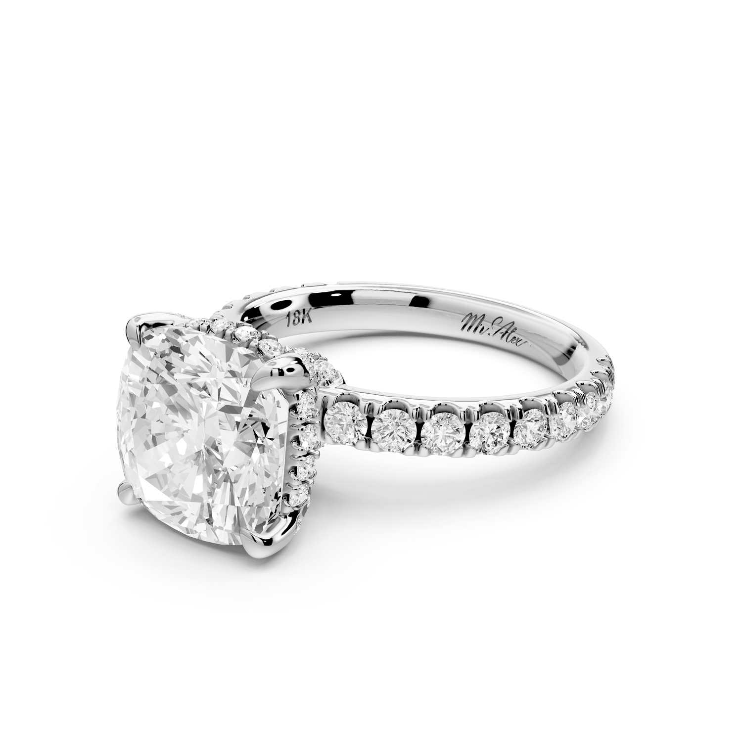 Jade - 4ct 18k white gold cushion hidden halo diamond crown and bridge pavé engagement ring - Mr. Alex Jewelry