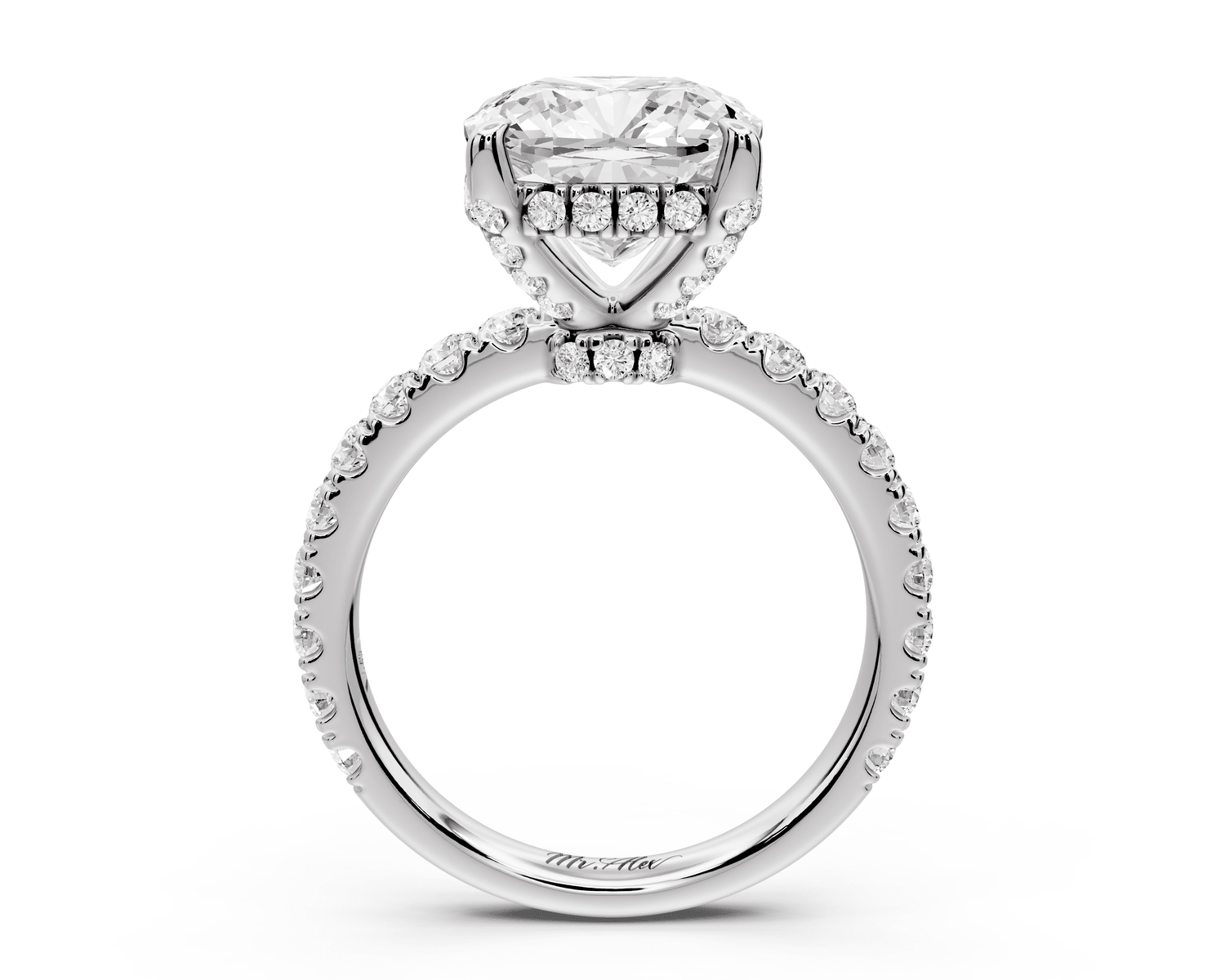 Jade - 4ct 18k white gold cushion hidden halo diamond crown and bridge pavé engagement ring - Mr. Alex Jewelry