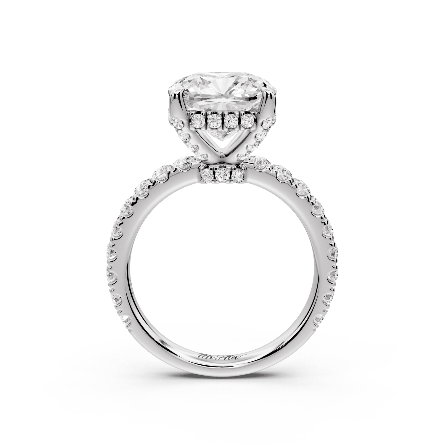 Jade - 4ct 18k white gold cushion hidden halo diamond crown and bridge pavé engagement ring - Mr. Alex Jewelry