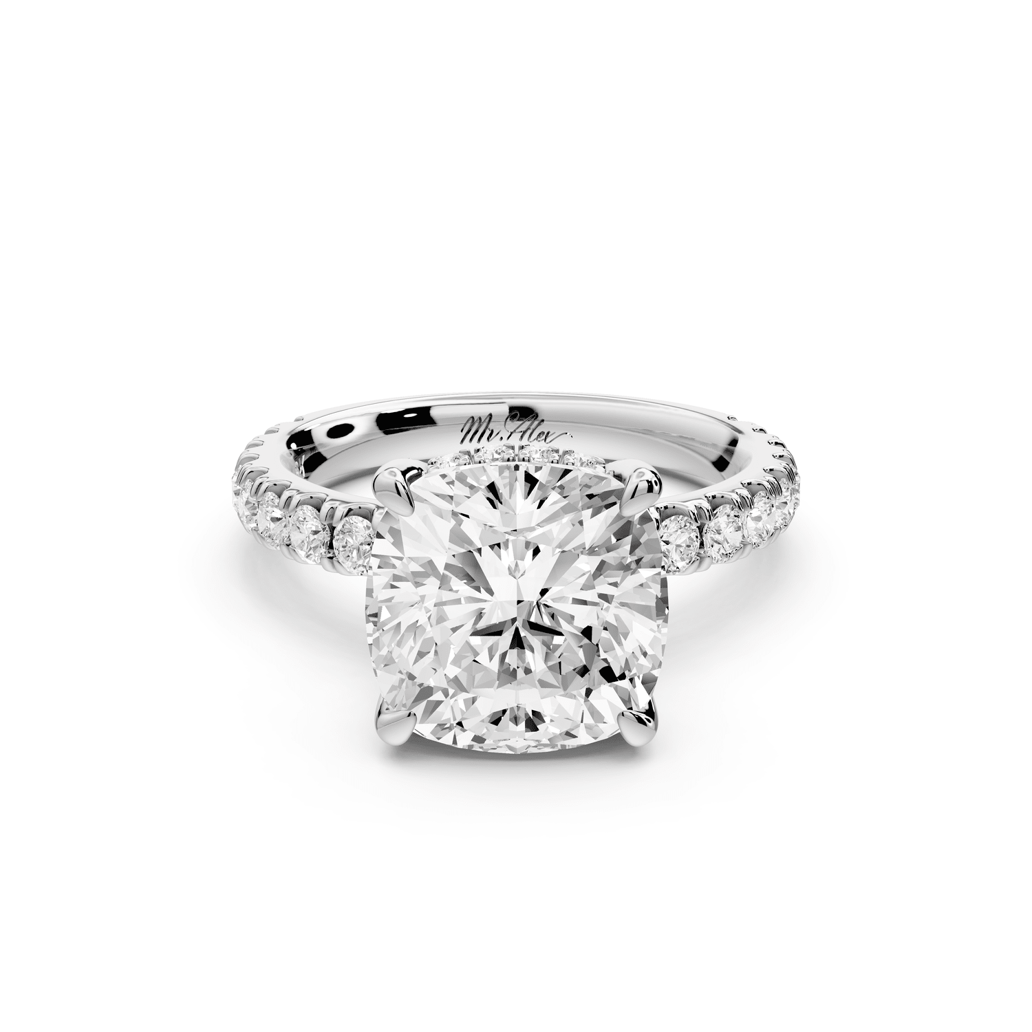 Jade - 4ct 18k white gold cushion hidden halo diamond crown and bridge pavé engagement ring - Mr. Alex Jewelry