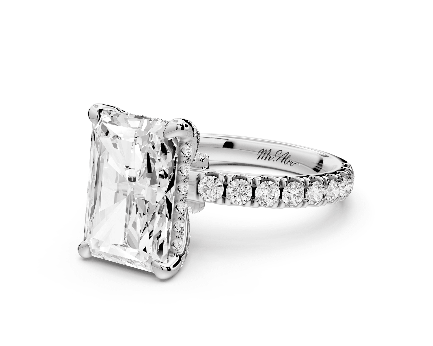 Jade - 4ct 18k white gold emerald hidden halo diamond crown and bridge pavé engagamnet ring - Mr. Alex Jewelry