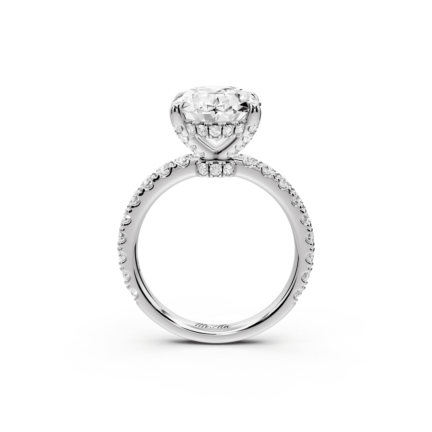 Jade - 4ct 18k white gold oval hidden halo diamond crown and bridge pavé engagamnet ring - Mr. Alex Jewelry