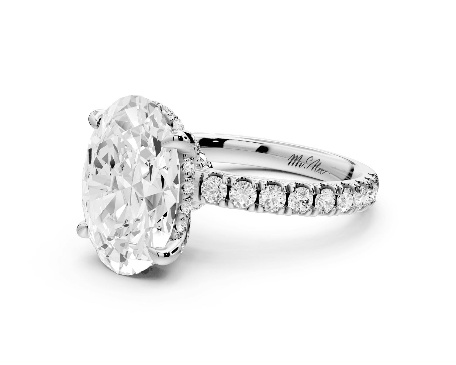 Jade - 4ct 18k white gold oval hidden halo diamond crown and bridge pavé engagamnet ring - Mr. Alex Jewelry