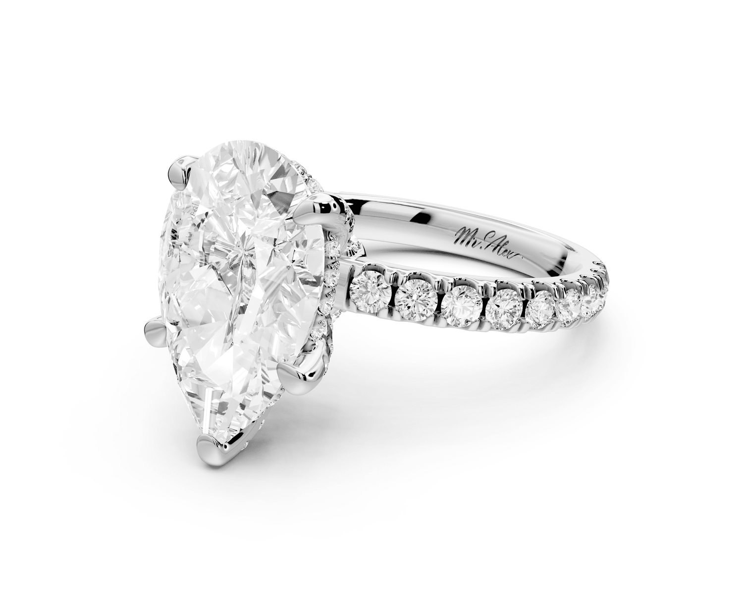 Jade - 4ct 18k white gold pear hidden halo diamond crown and bridge pavé engagamnet ring - Mr. Alex Jewelry