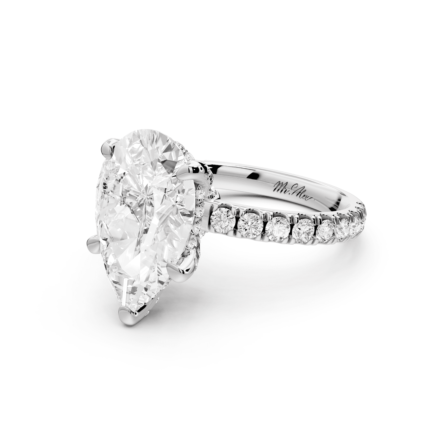 Jade - 4ct 18k white gold pear hidden halo diamond crown and bridge pavé engagamnet ring - Mr. Alex Jewelry
