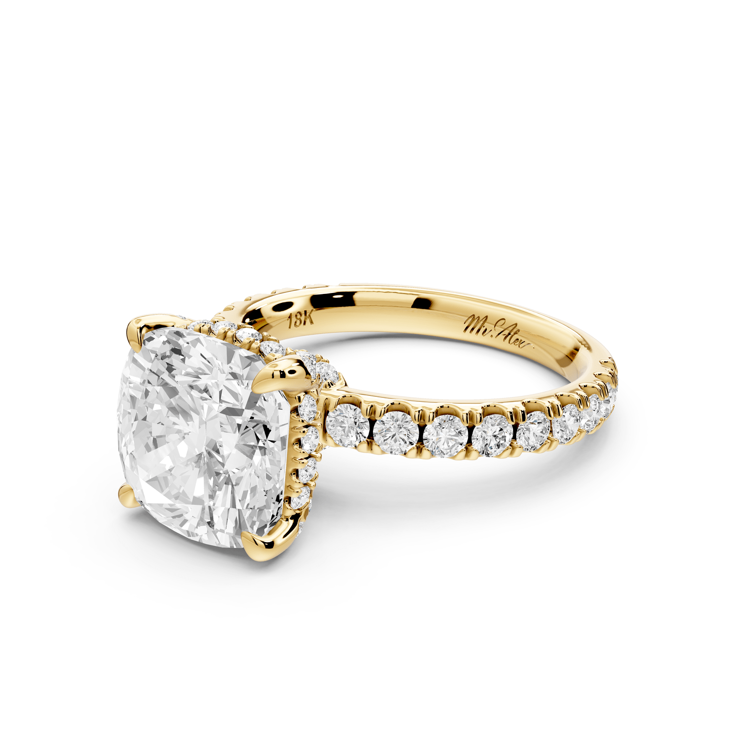 Jade - 4ct 18k yellow gold cushion hidden halo diamond crown and bridge pavé engagement ring - Mr. Alex Jewelry