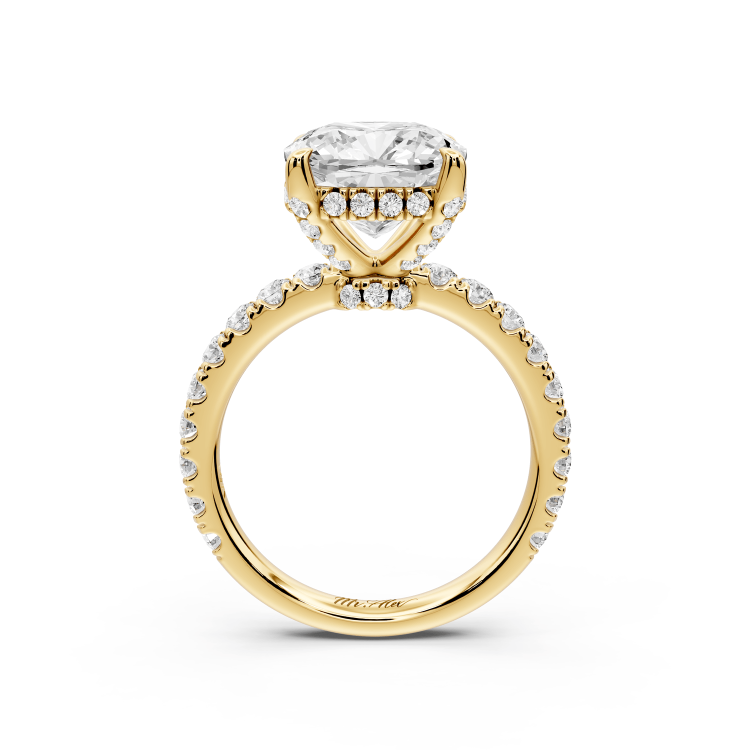Jade - 4ct 18k yellow gold cushion hidden halo diamond crown and bridge pavé engagement ring - Mr. Alex Jewelry