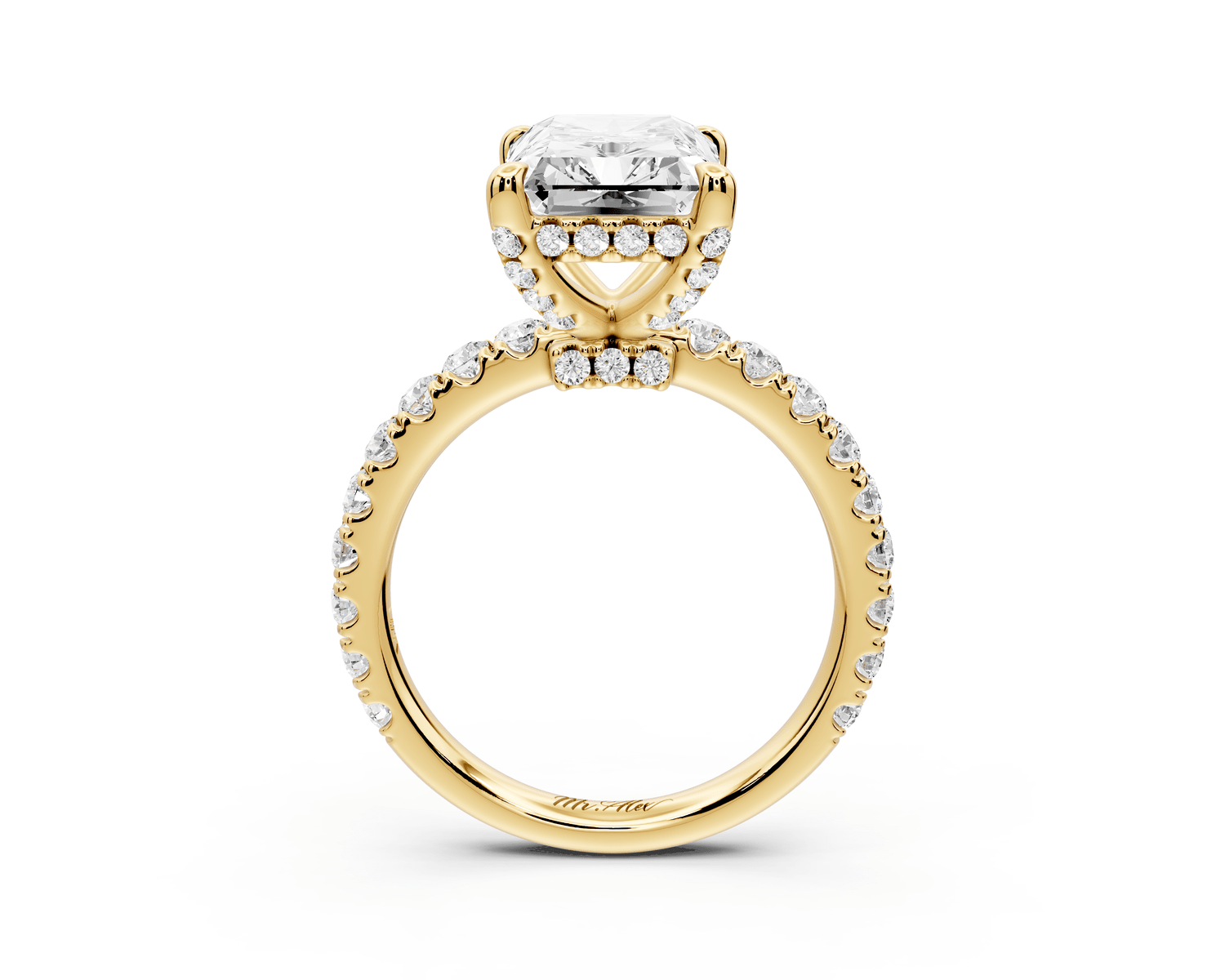 Jade - 4ct 18k yellow gold emerald hidden halo diamond crown and bridge pavé engagamnet ring - Mr. Alex Jewelry