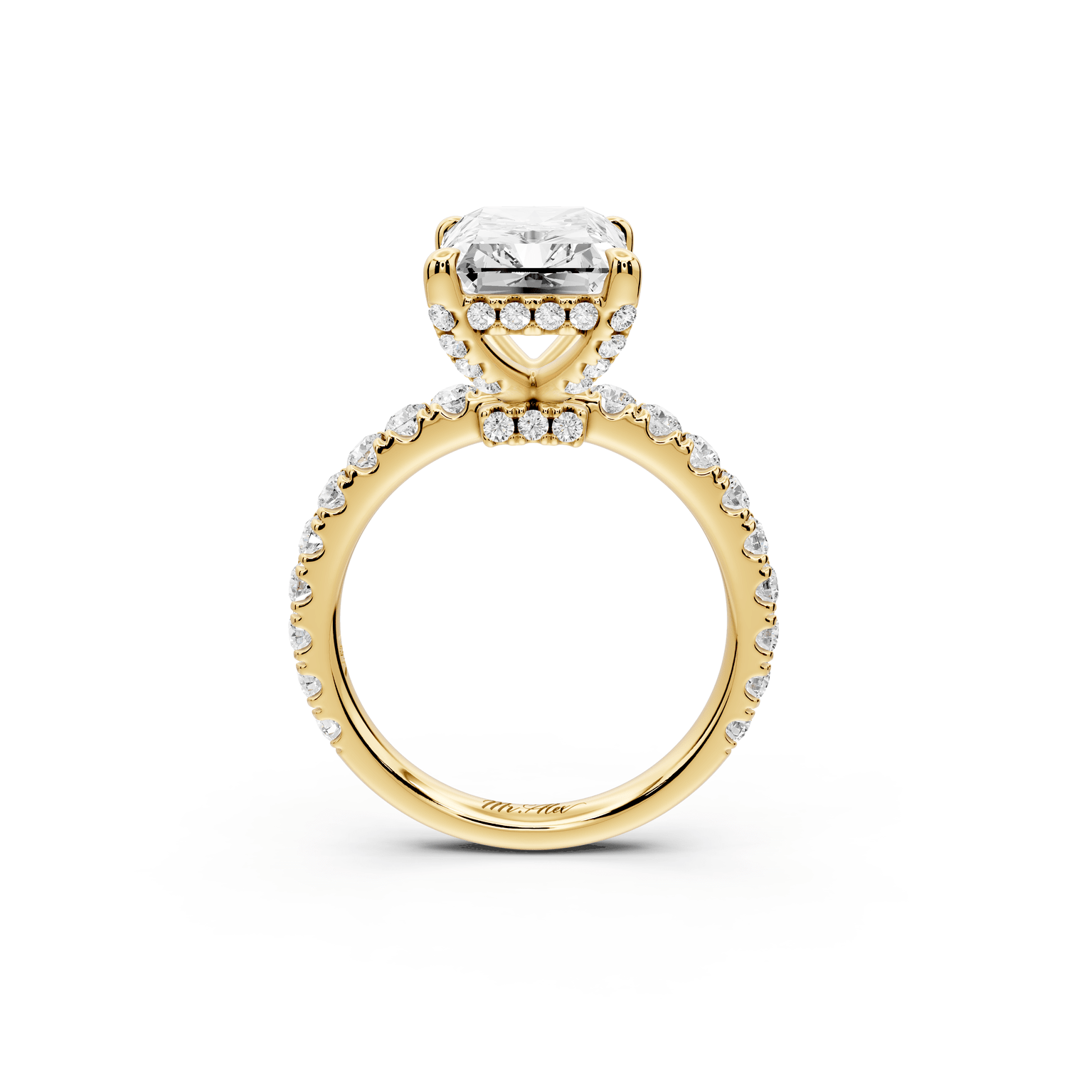 Jade - 4ct 18k yellow gold emerald hidden halo diamond crown and bridge pavé engagamnet ring - Mr. Alex Jewelry
