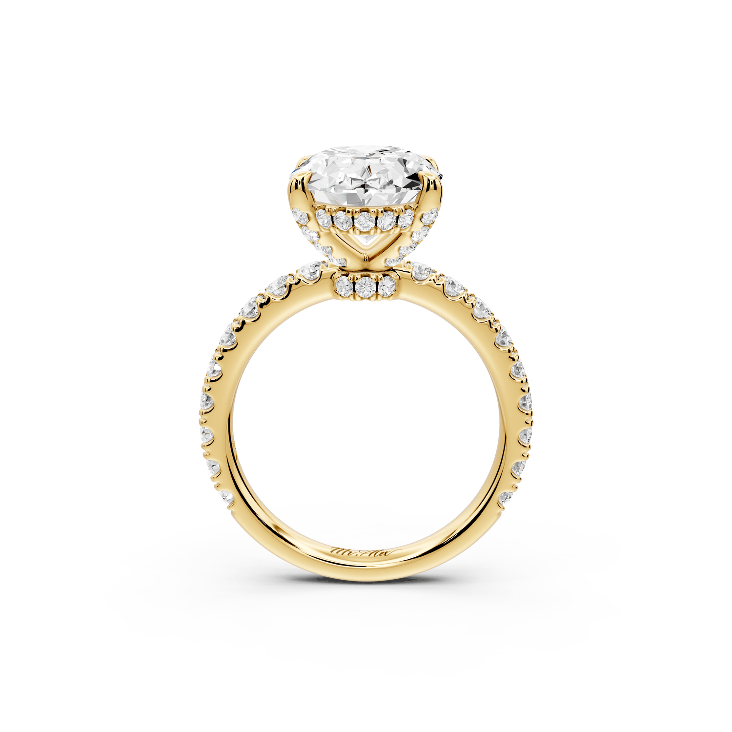 Jade - 4ct 18k yellow gold oval hidden halo diamond crown and bridge pavé engagamnet ring - Mr. Alex Jewelry