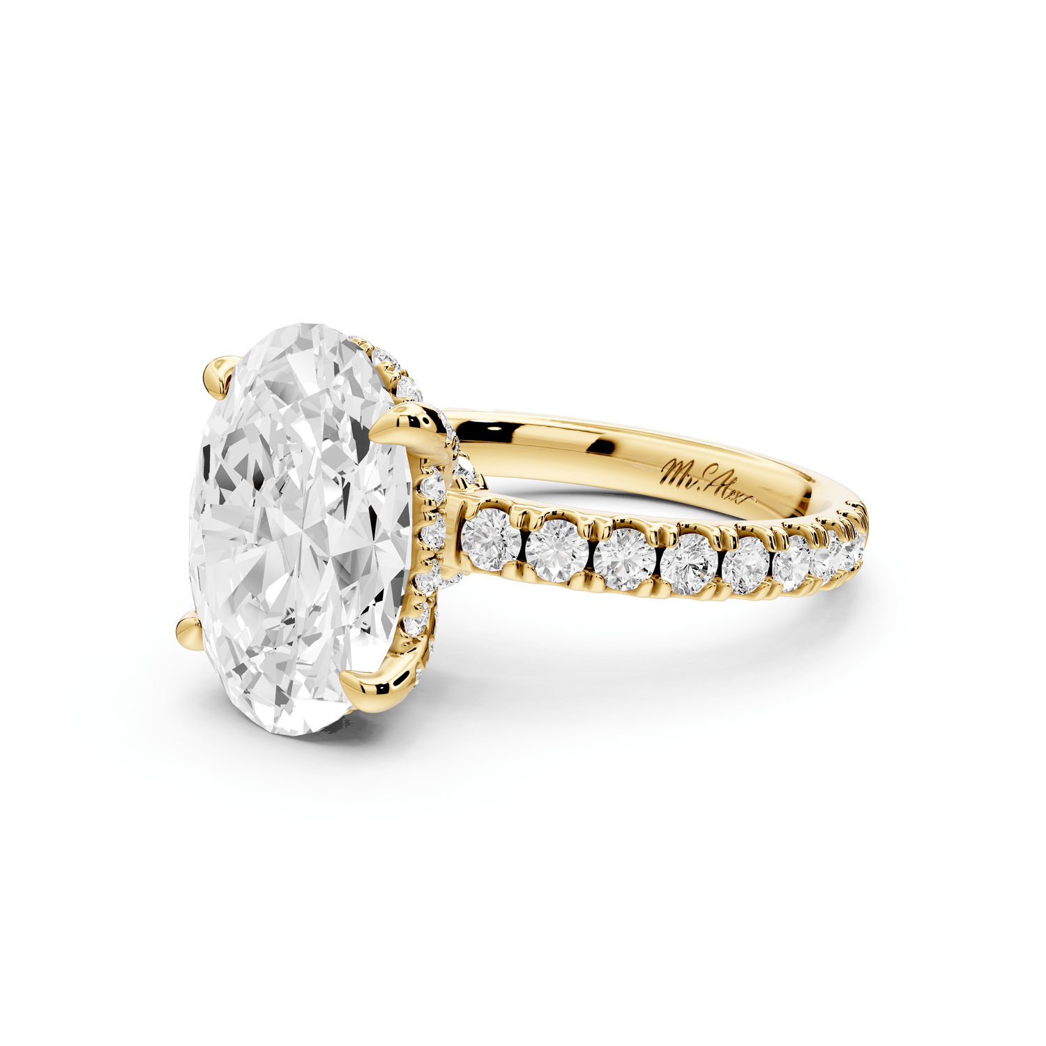 Jade - 4ct 18k yellow gold oval hidden halo diamond crown and bridge pavé engagamnet ring - Mr. Alex Jewelry