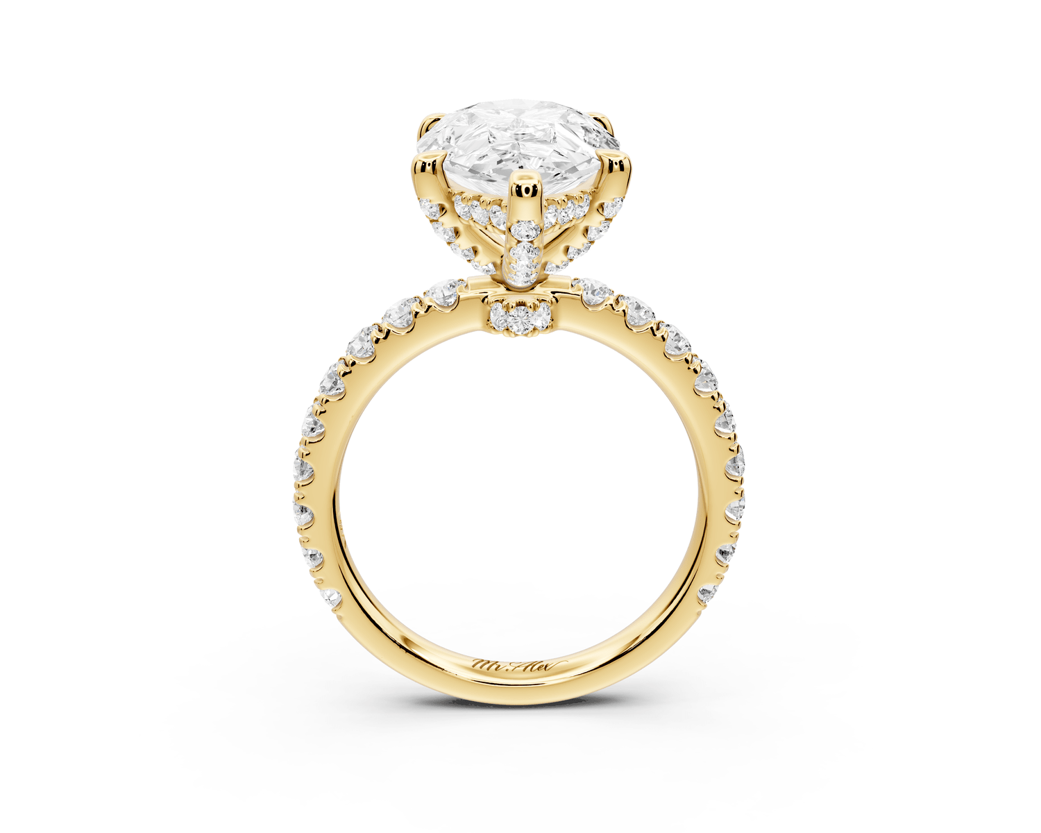 Jade - 4ct 18k yellow gold pear hidden halo diamond crown and bridge pavé engagamnet ring - Mr. Alex Jewelry