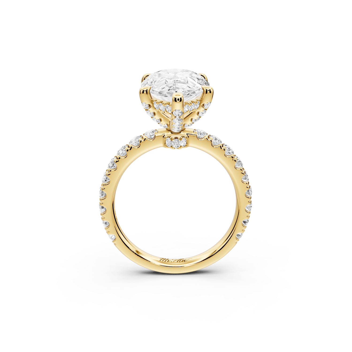Jade - 4ct 18k yellow gold pear hidden halo diamond crown and bridge pavé engagamnet ring - Mr. Alex Jewelry