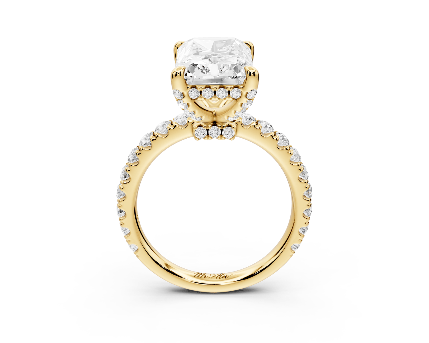 Jade - 4ct 18k yellow gold radiant hidden halo diamond crown and bridge pavé engagement ring - Mr. Alex Jewelry