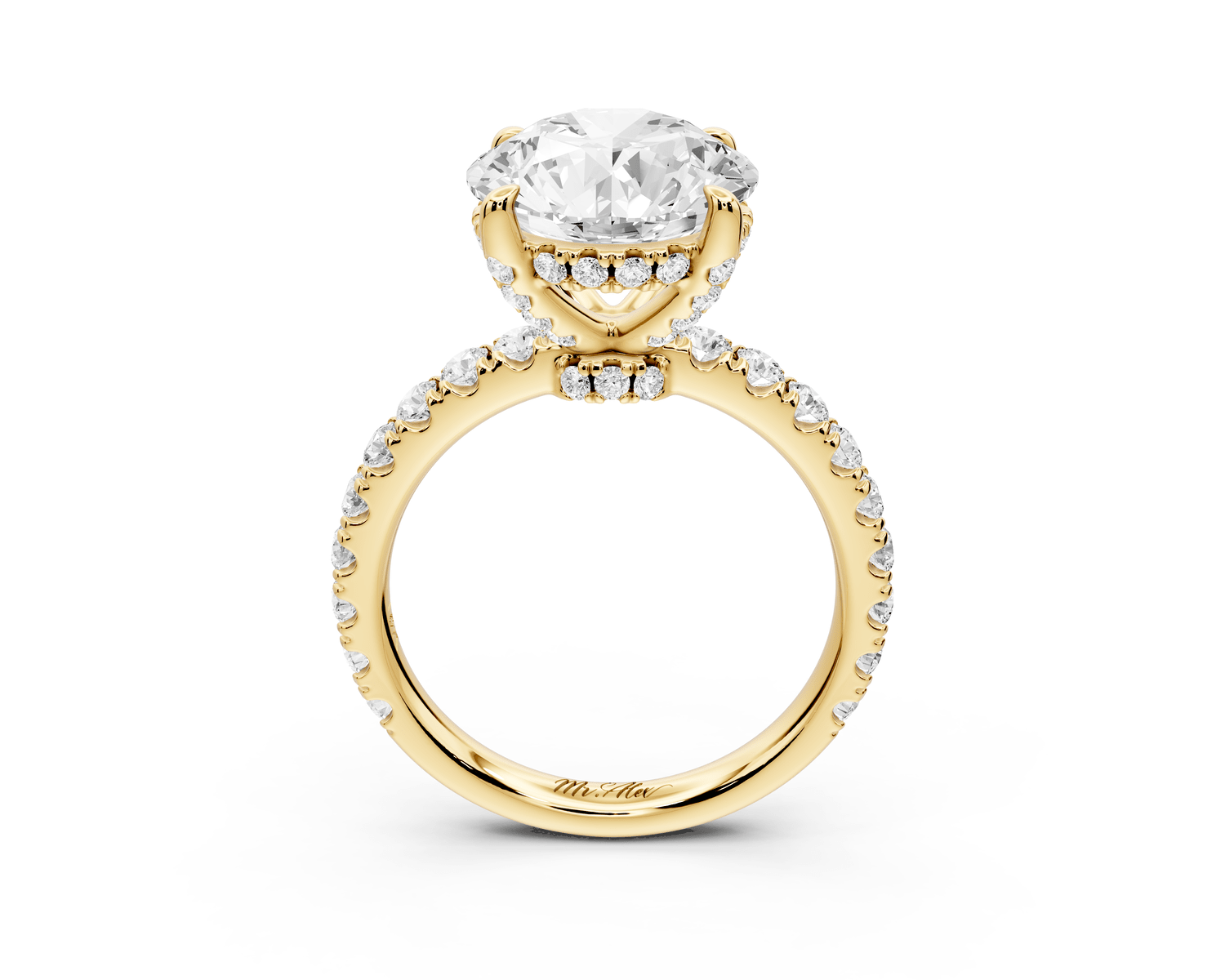 Jade - 4ct 18k yellow gold round hidden halo diamond crown and bridge pavé engagamnet ring - Mr. Alex Jewelry