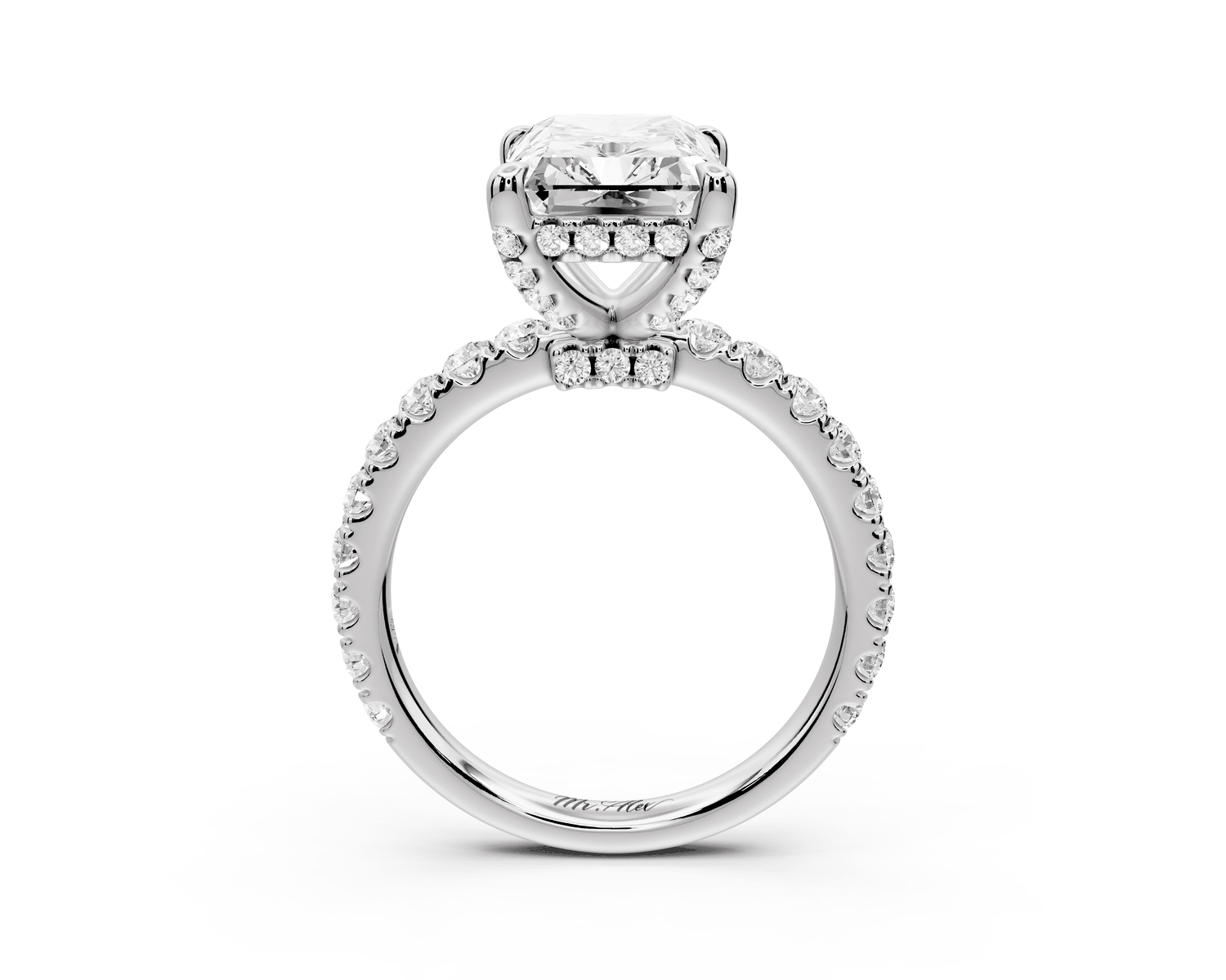 Jade - 4ct platinum emerald hidden halo diamond crown and bridge pavé engagamnet ring - Mr. Alex Jewelry