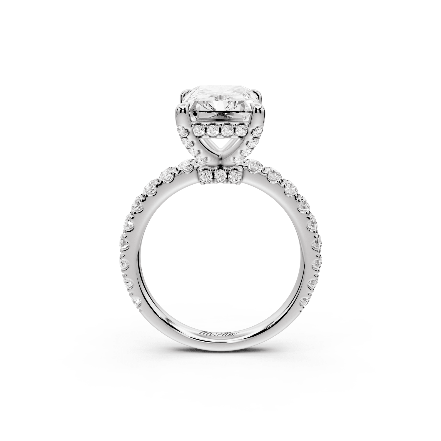Jade - 4ct platinum emerald hidden halo diamond crown and bridge pavé engagamnet ring - Mr. Alex Jewelry
