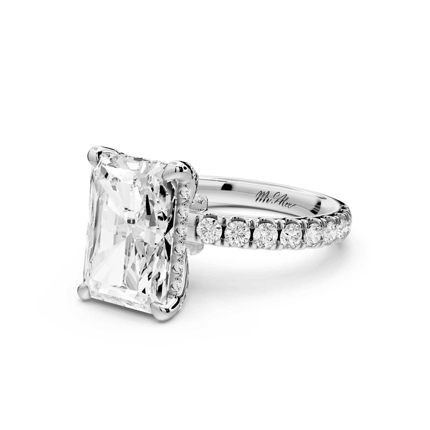 Jade - 4ct platinum emerald hidden halo diamond crown and bridge pavé engagamnet ring - Mr. Alex Jewelry