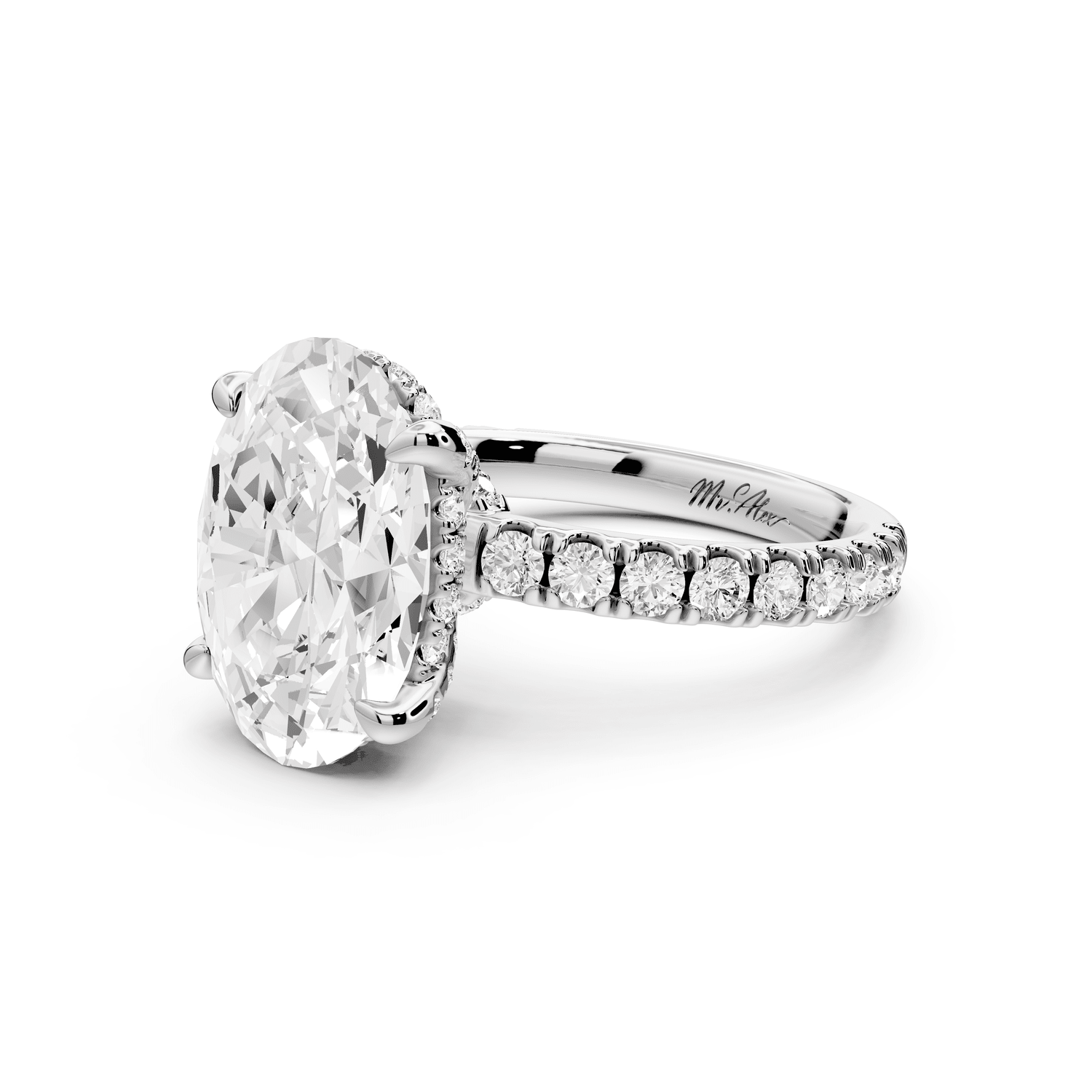 Jade - 4ct platinum oval hidden halo diamond crown and bridge pavé engagamnet ring - Mr. Alex Jewelry