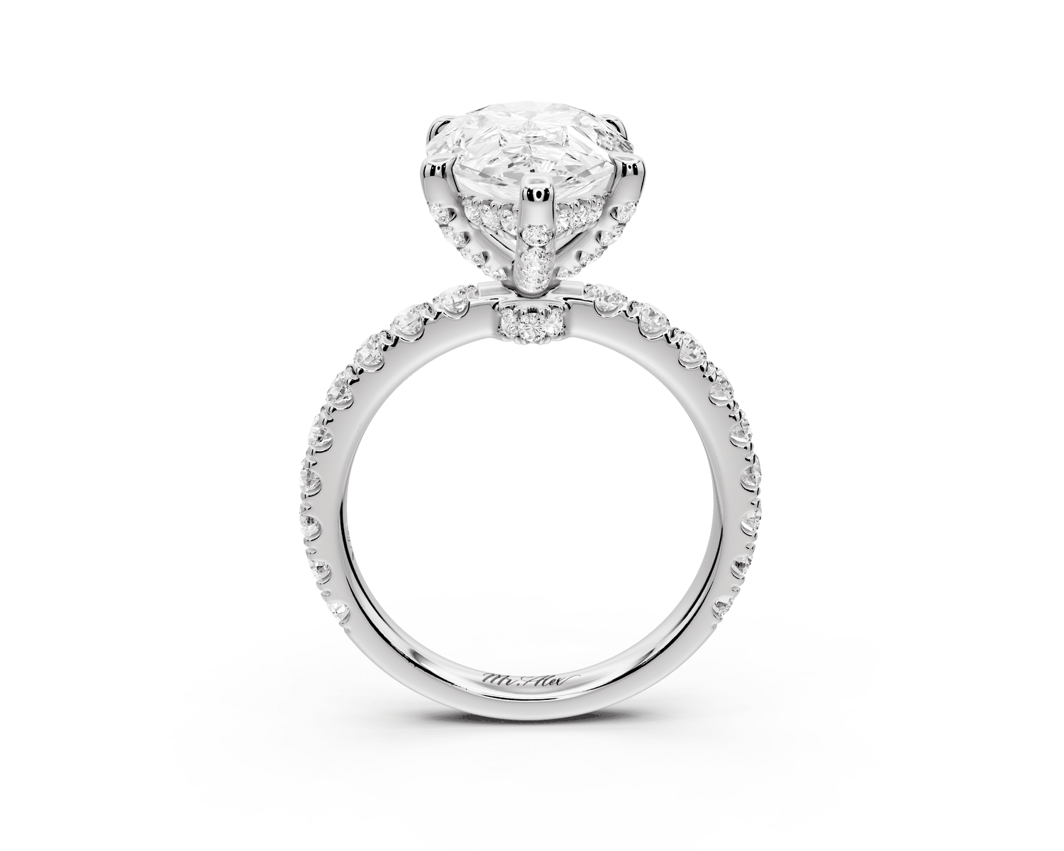 Jade - 4ct platinum pear hidden halo diamond crown and bridge pavé engagamnet ring - Mr. Alex Jewelry