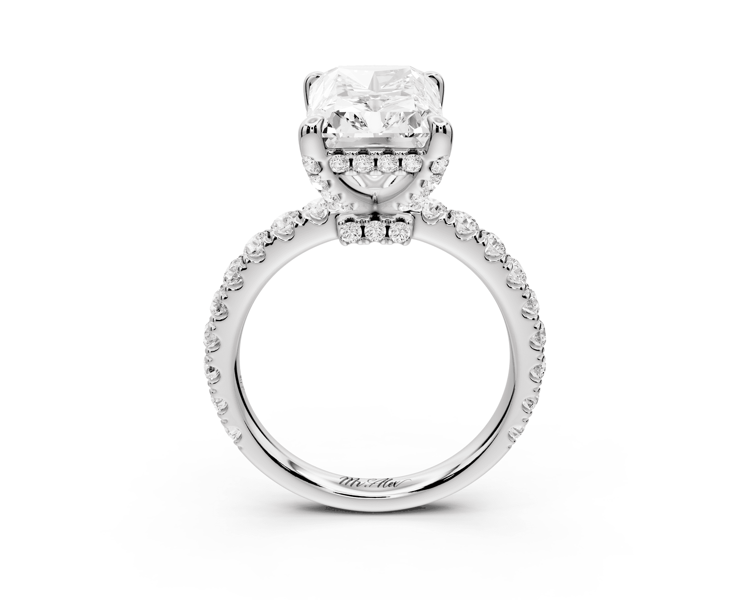 Jade - 4ct platinum radiant hidden halo diamond crown and bridge pavé engagement ring - Mr. Alex Jewelry