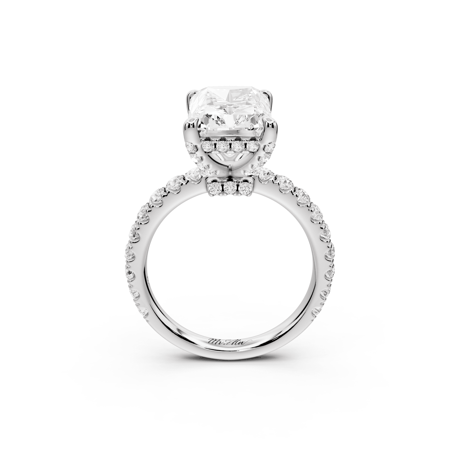 Jade - 4ct platinum radiant hidden halo diamond crown and bridge pavé engagement ring - Mr. Alex Jewelry