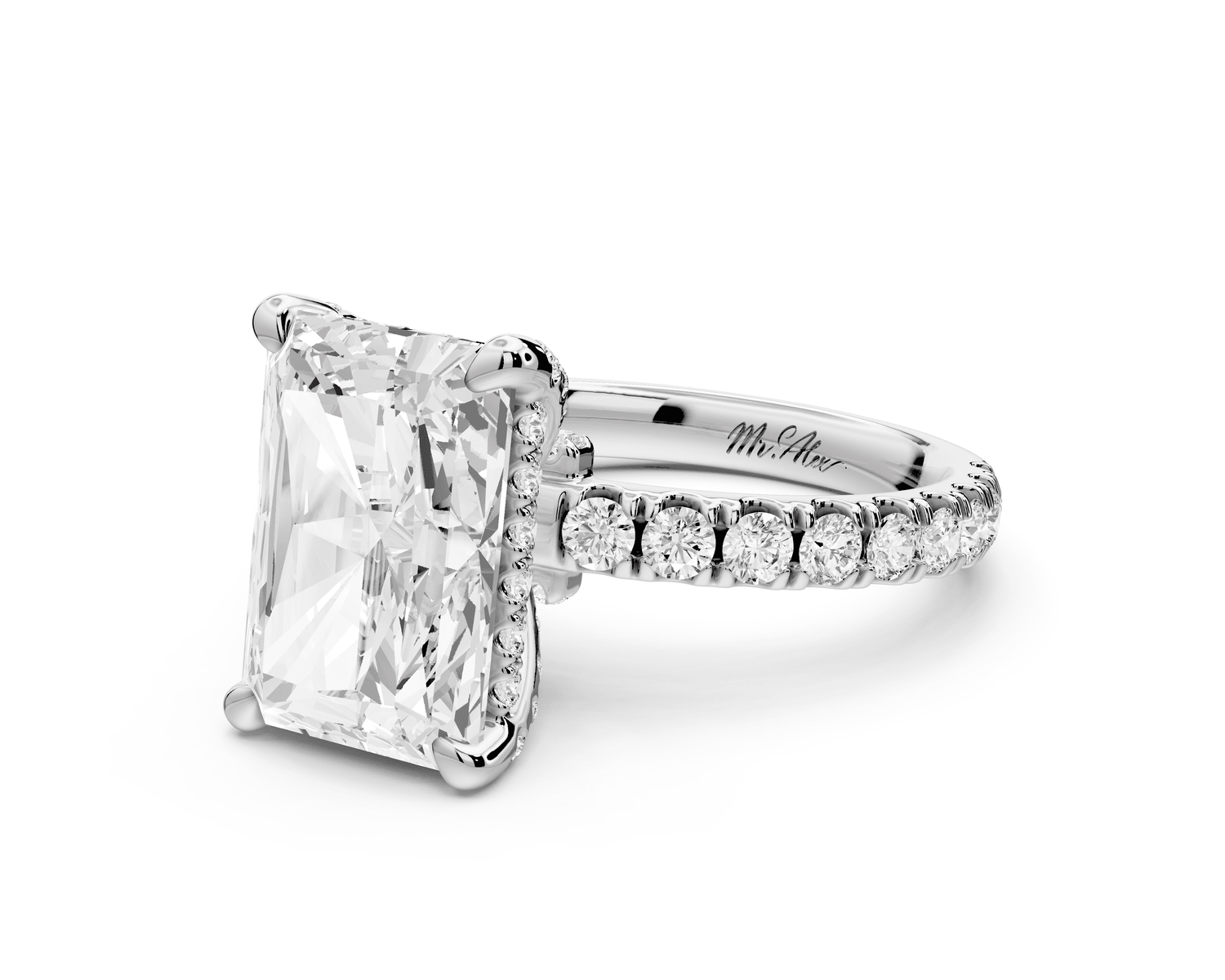 Jade - 4ct platinum radiant hidden halo diamond crown and bridge pavé engagement ring - Mr. Alex Jewelry