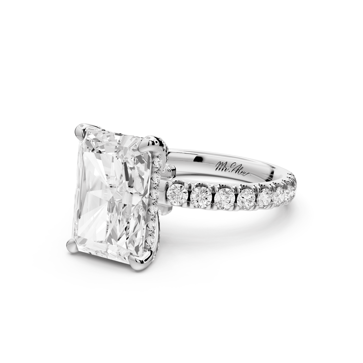 Jade - 4ct platinum radiant hidden halo diamond crown and bridge pavé engagement ring - Mr. Alex Jewelry