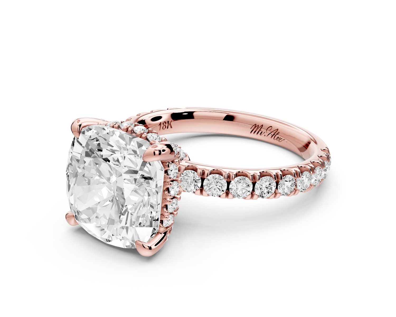 Jade - 5ct 14k rose gold cushion hidden halo diamond crown and bridge pavé engagement ring - Mr. Alex Jewelry