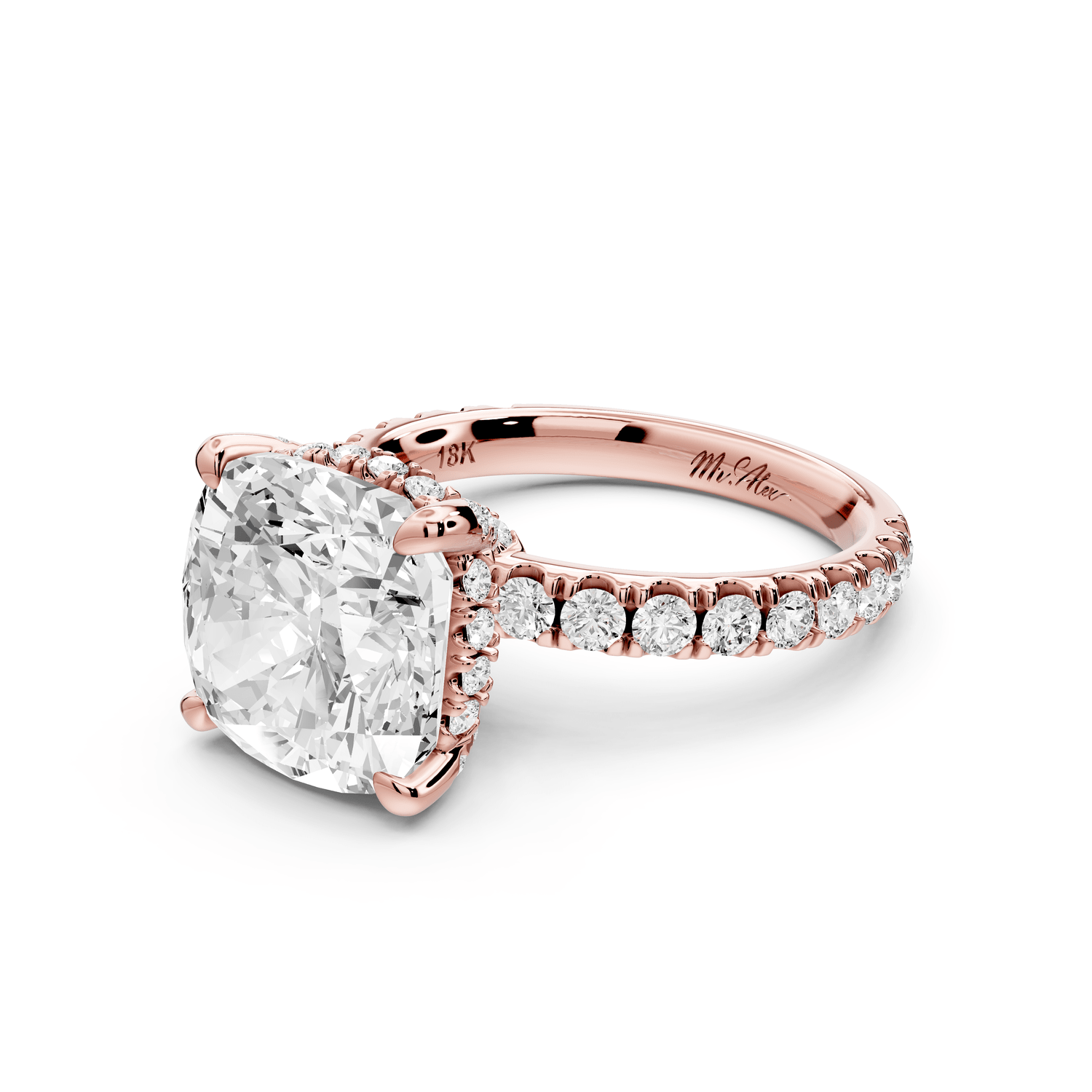 Jade - 5ct 14k rose gold cushion hidden halo diamond crown and bridge pavé engagement ring - Mr. Alex Jewelry