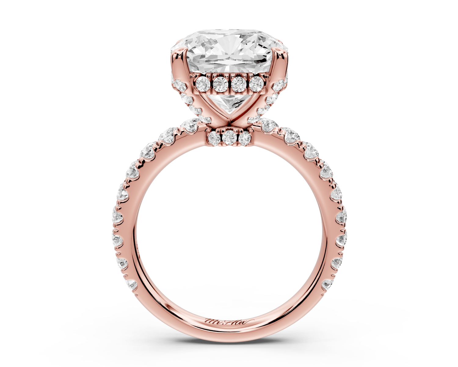Jade - 5ct 14k rose gold cushion hidden halo diamond crown and bridge pavé engagement ring - Mr. Alex Jewelry