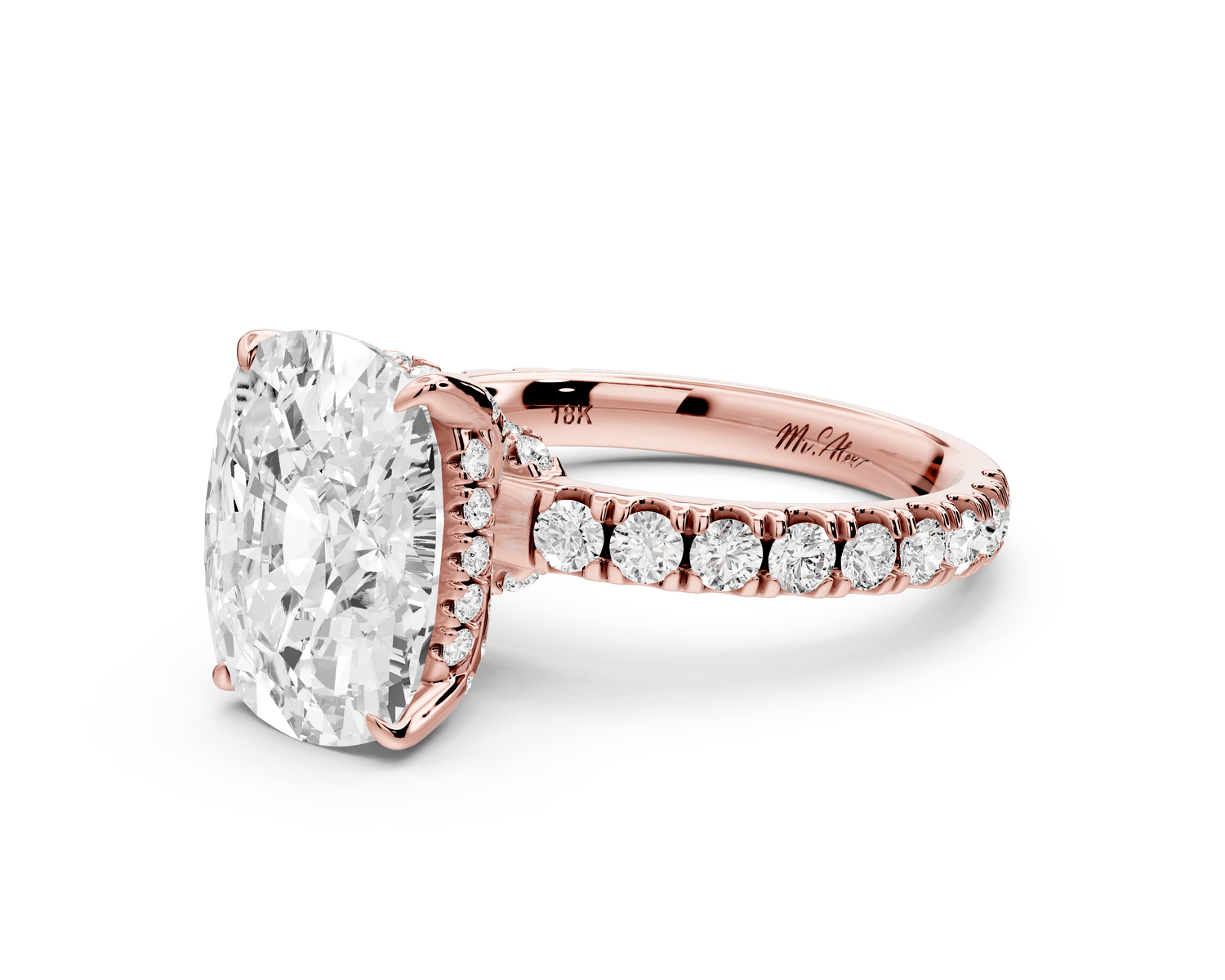 Jade - 5ct 14k rose gold ecushion hidden halo diamond crown and bridge pavé engagement ring - Mr. Alex Jewelry