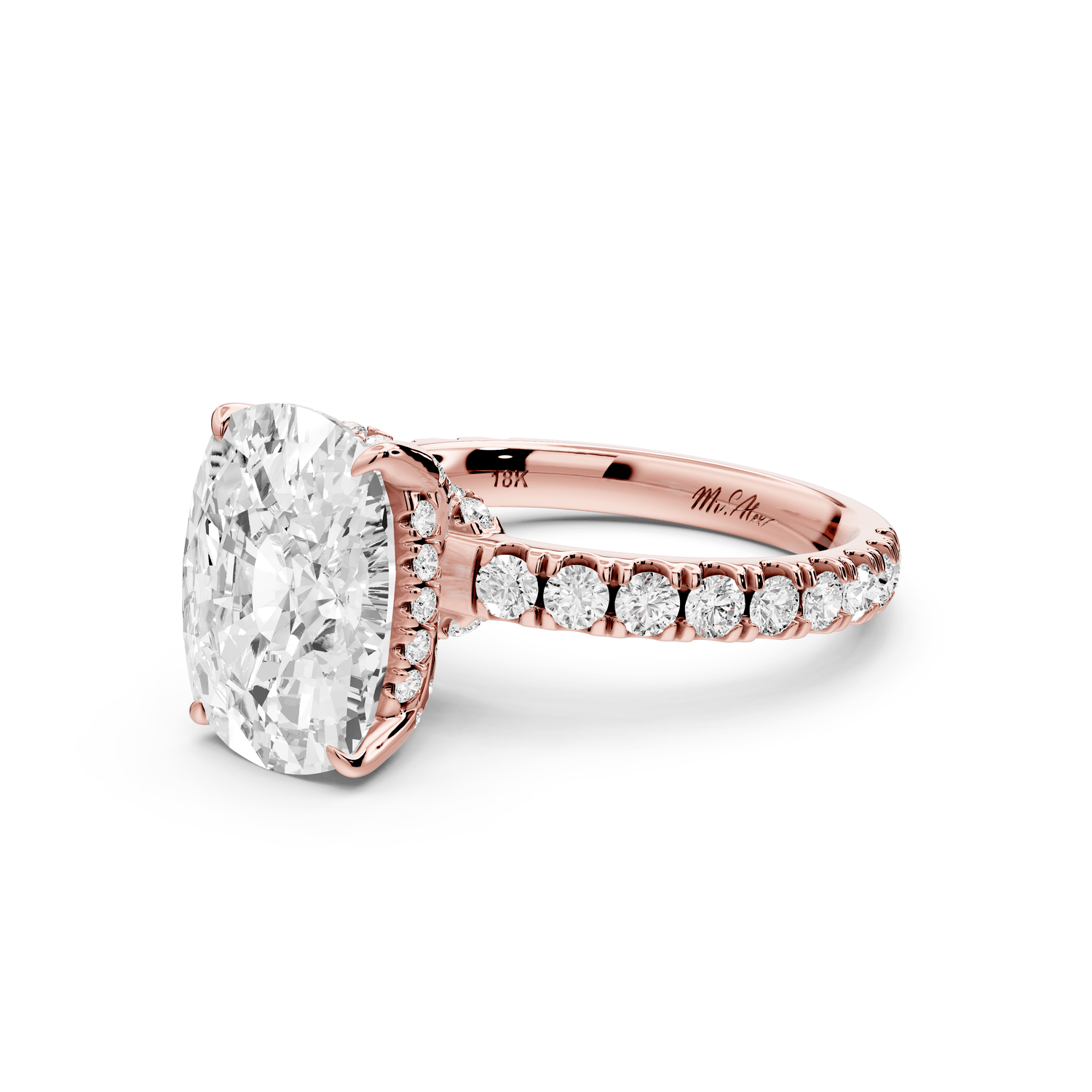 Jade - 5ct 14k rose gold ecushion hidden halo diamond crown and bridge pavé engagement ring - Mr. Alex Jewelry