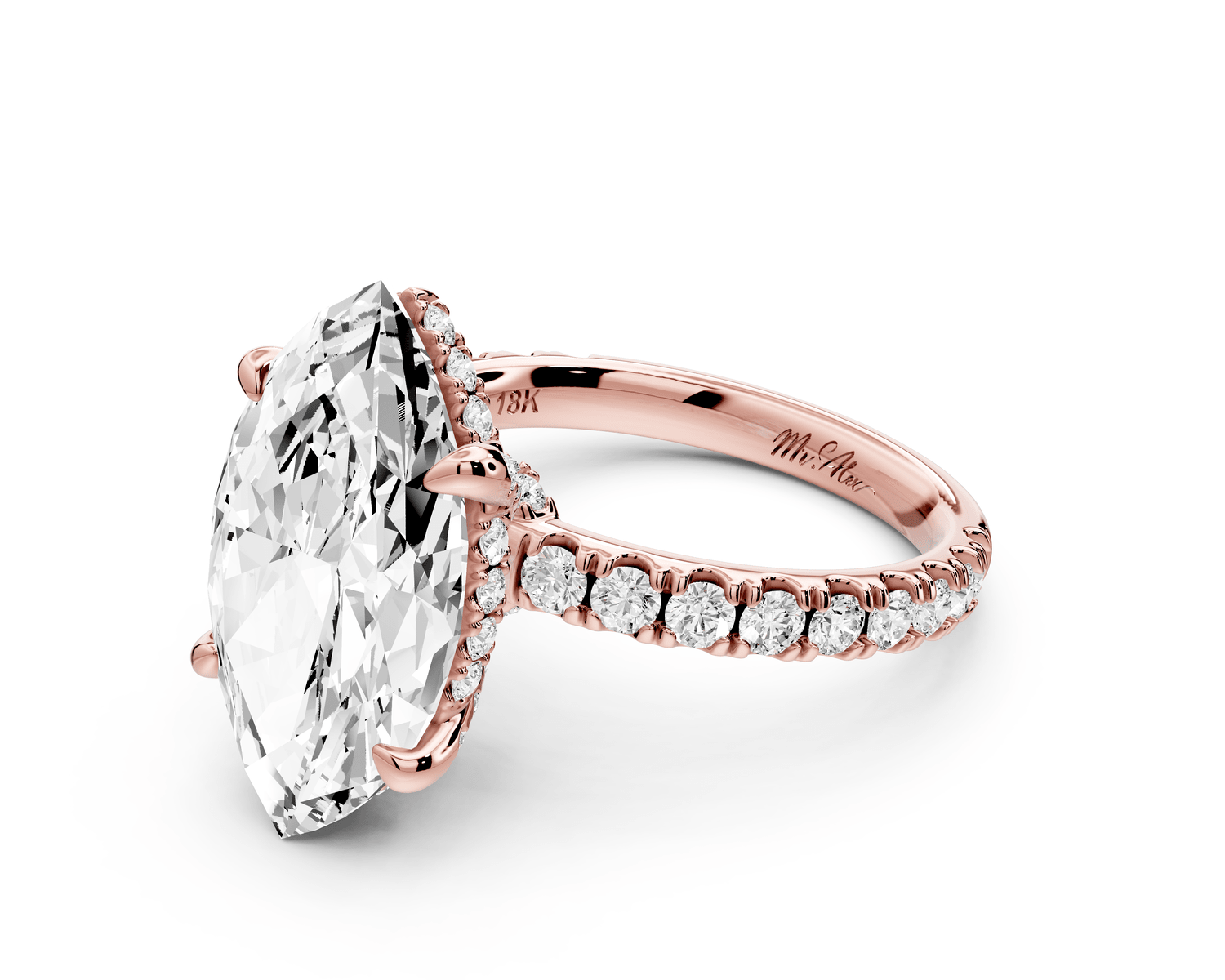 Jade - 5ct 14k rose gold marquise hidden halo diamond crown and bridge pavé engagement ring - Mr. Alex Jewelry