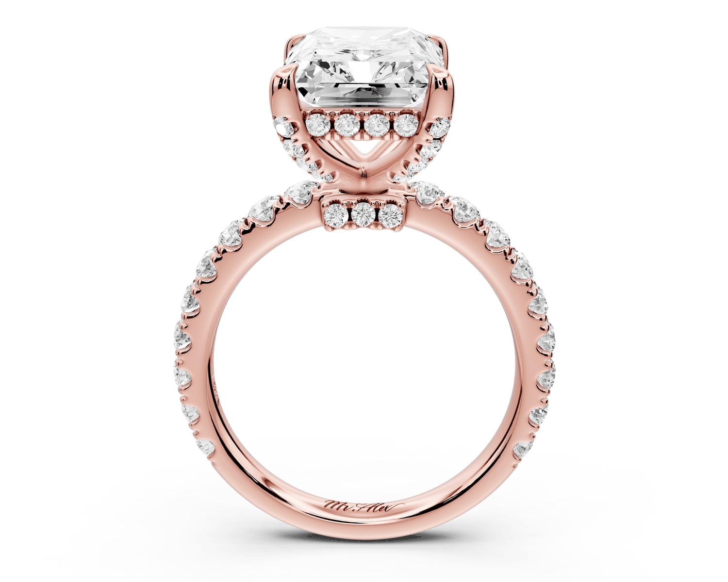 Jade - 5ct 14k rose gold radiant hidden halo diamond crown and bridge pavé engagement ring - Mr. Alex Jewelry