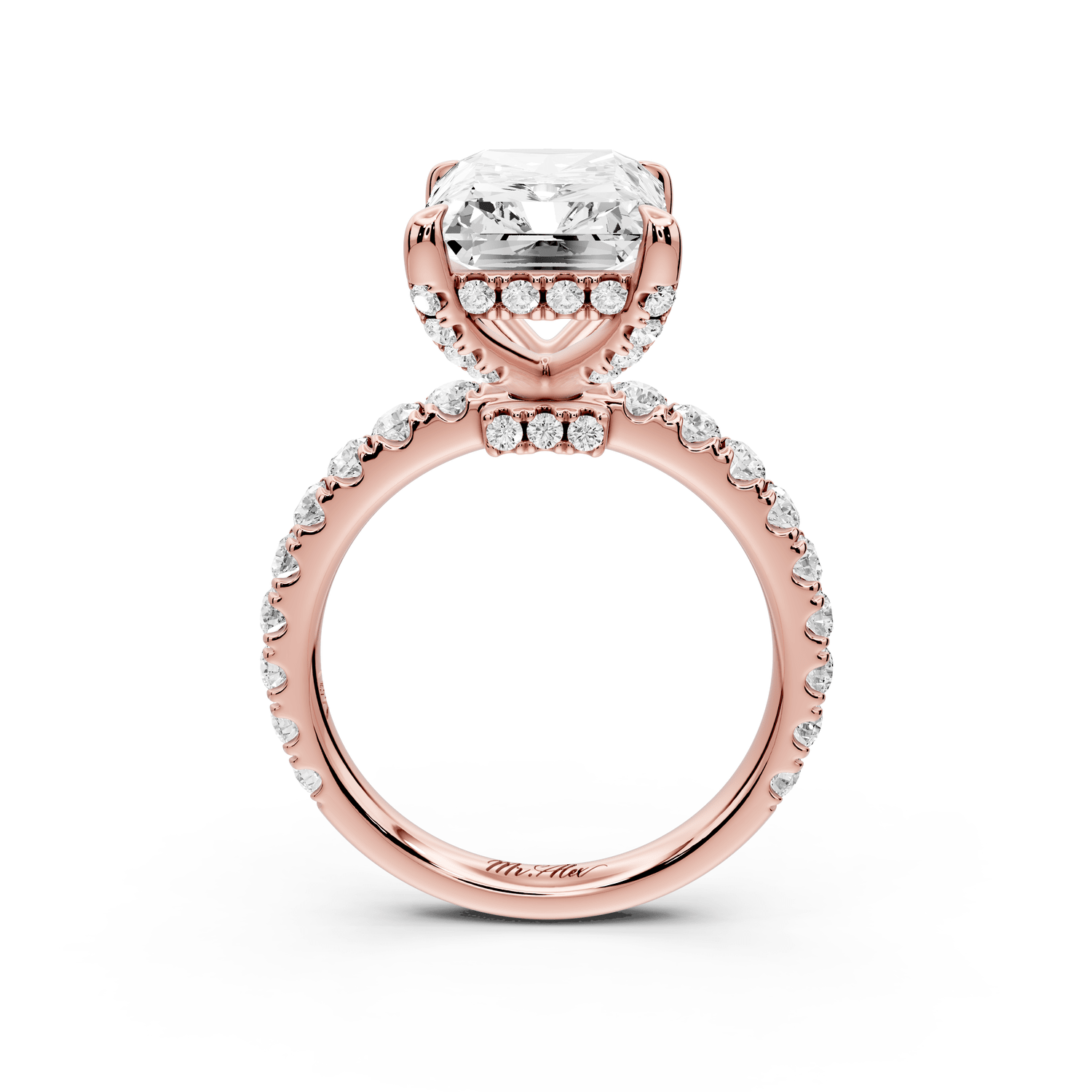 Jade - 5ct 14k rose gold radiant hidden halo diamond crown and bridge pavé engagement ring - Mr. Alex Jewelry