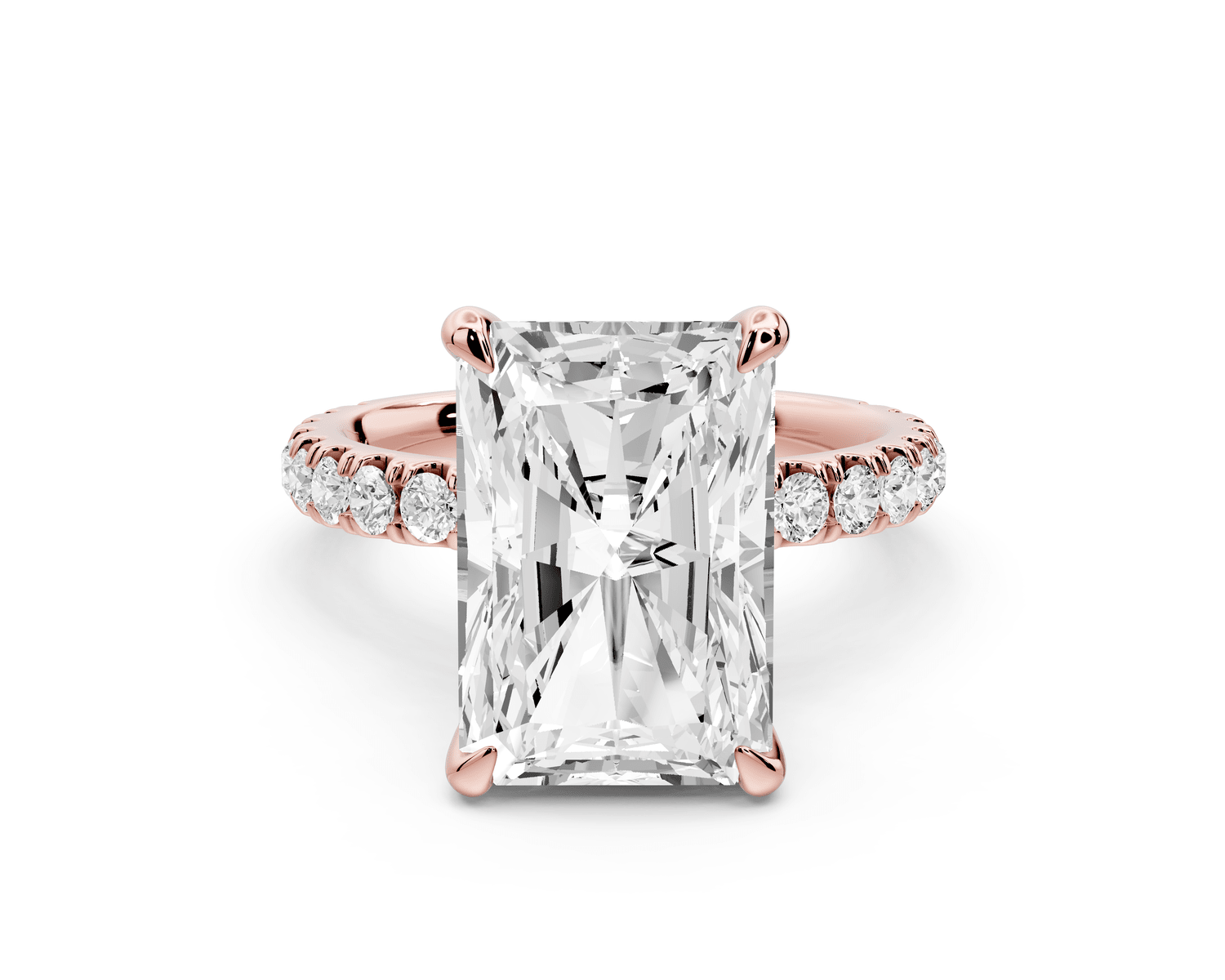 Jade - 5ct 14k rose gold radiant hidden halo diamond crown and bridge pavé engagement ring - Mr. Alex Jewelry
