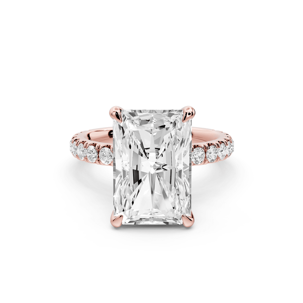 Jade - 5ct 14k rose gold radiant hidden halo diamond crown and bridge pavé engagement ring - Mr. Alex Jewelry