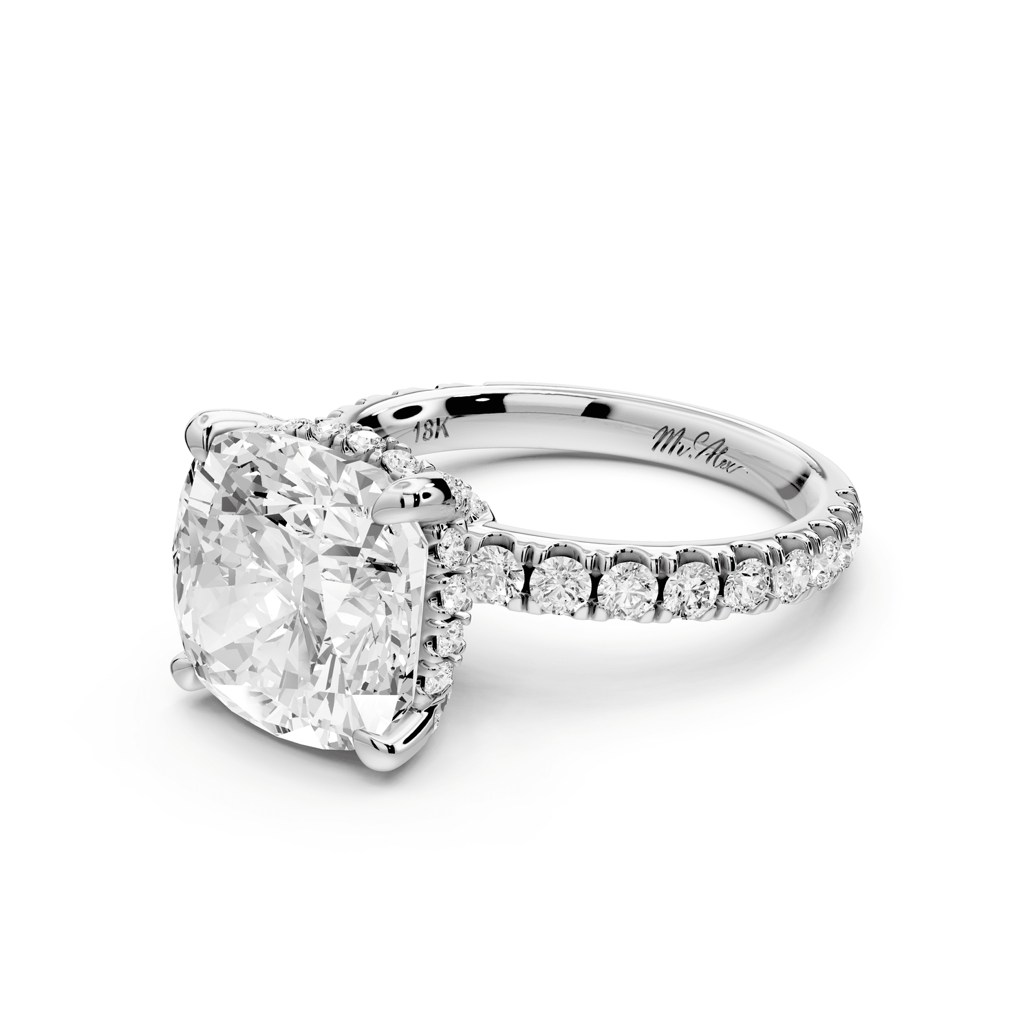 Jade - 5ct 14k white gold cushion hidden halo diamond crown and bridge pavé engagement ring - Mr. Alex Jewelry