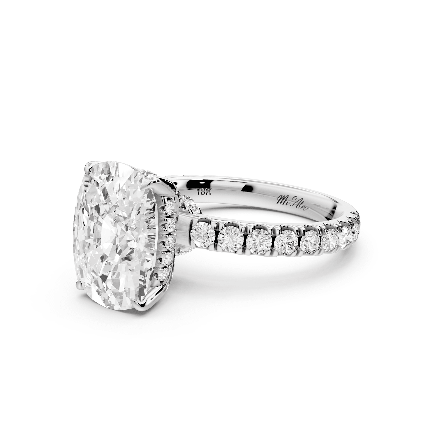 Jade - 5ct 14k white gold ecushion hidden halo diamond crown and bridge pavé engagement ring - Mr. Alex Jewelry
